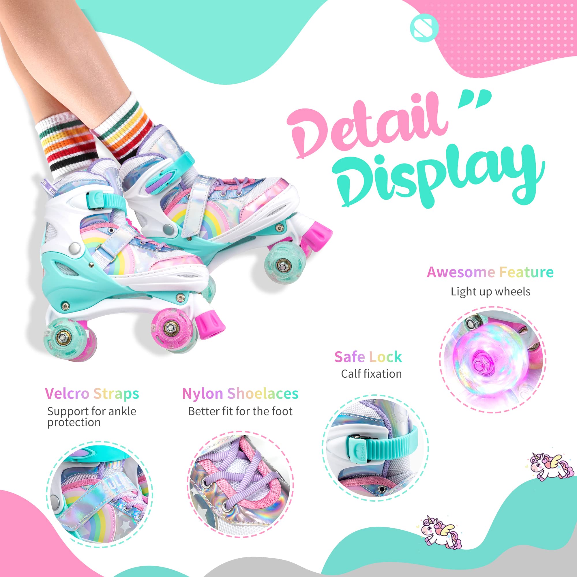 SULIFEEL Rainbow Unicorn 4 Size Adjustable Light up Roller Skates for Girls Boys for Kids Small