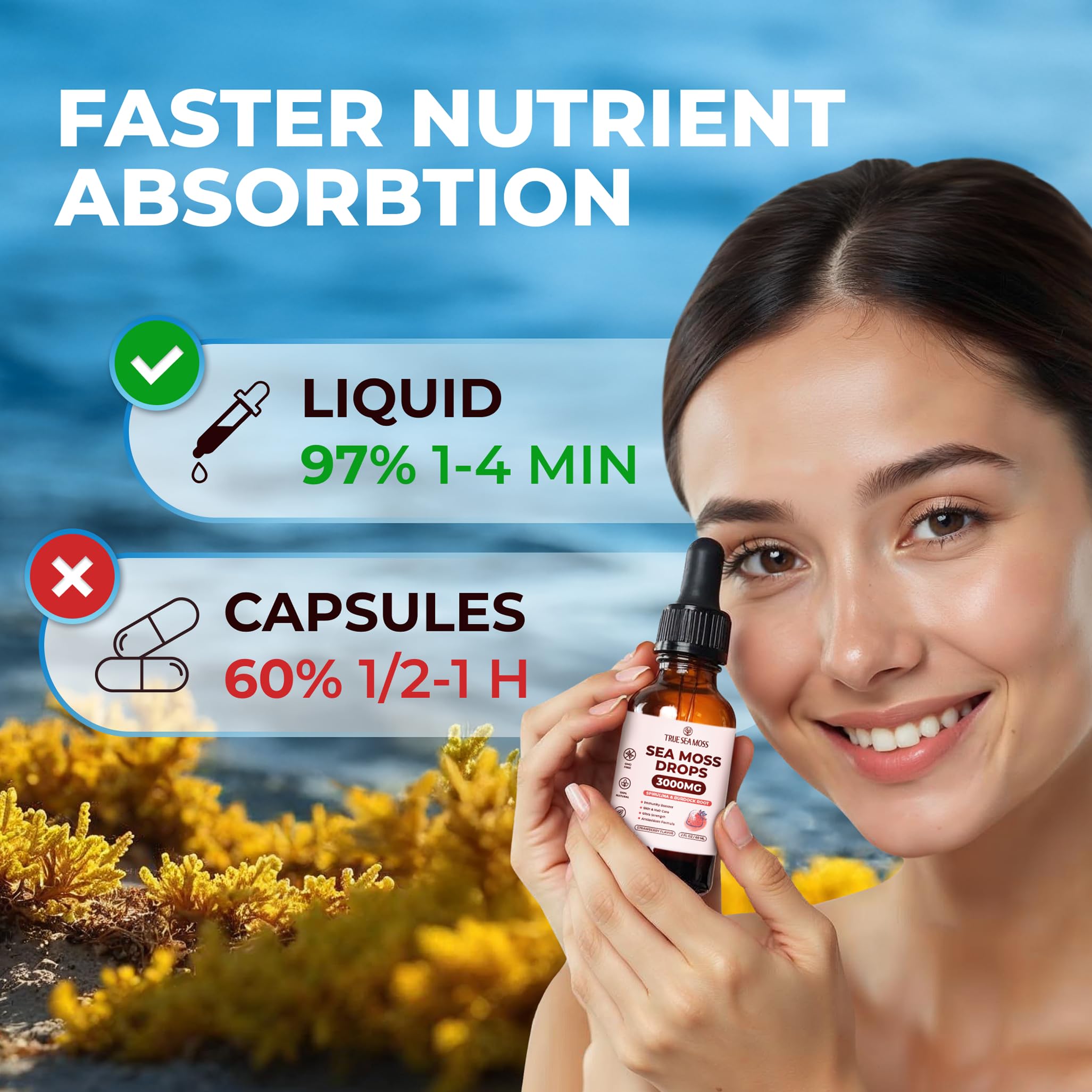 TrueSeaMoss Irish Sea Moss Drops - 5X Stronger Than Sea Moss Gel - 92+ Essentials Minerals - with Spirulina Powder, Burdock Root & Black Cumin - 2 Fl Oz (60ml) - Strawberry Flavor