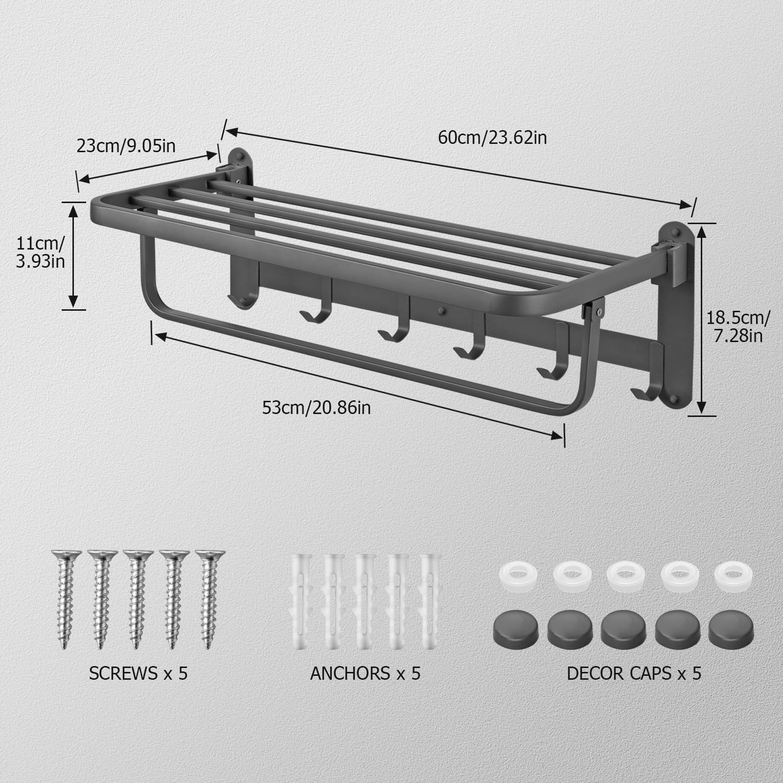 JiGiU Towel Rail 23.6 Inch Bathroom Towel Storage Wall Mounted with Towel Bar & 6 Hooks Foldable Towel Holder Stainless Steel Rustproof Towel Shelves for Home Bathroom Shower Kitchen