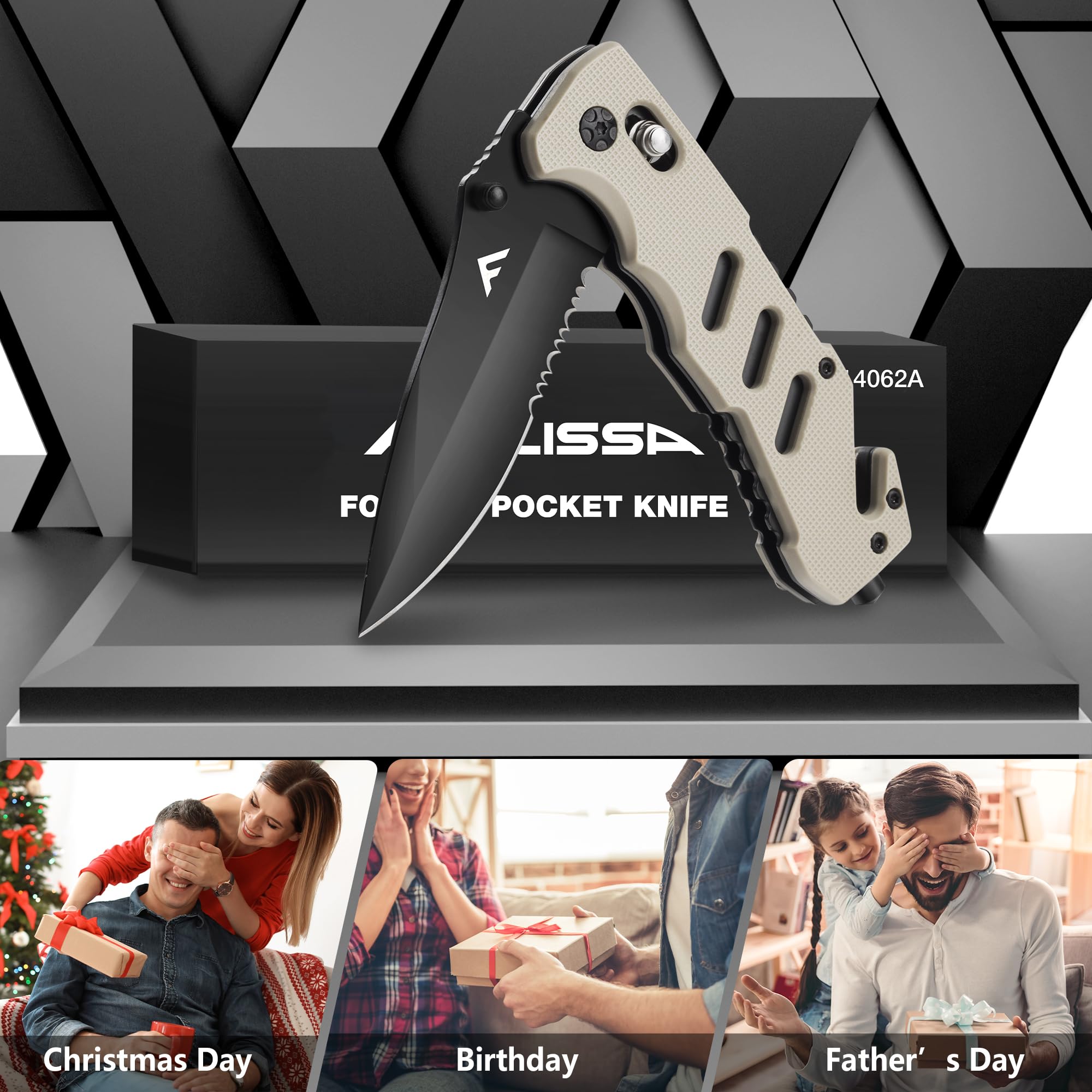 FLISSA Folding Pocket Knife with Clip, Glass Breaker and Seatbelt Cutter, Survival Knife for Emergency Rescue Situations, EDC Knife for Tactical, Hunting, Camping, Outdoor, Unique Gifts for Dad, Father