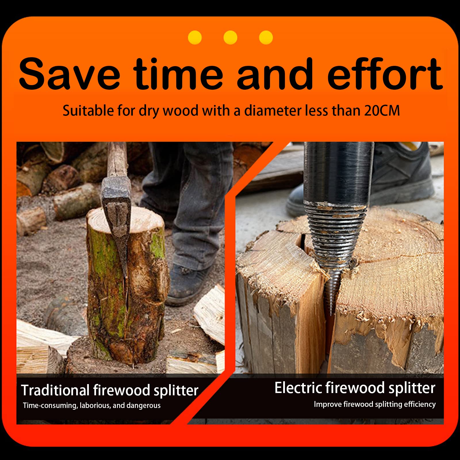 Firewood Log Splitter, 3pcs Drill Bit Removable Cones Kindling Wood Splitting logs bits Heavy Duty Electric Drills Screw Cone Driver Hex + Square + Round 32mm/1.26inch, Black 32MM