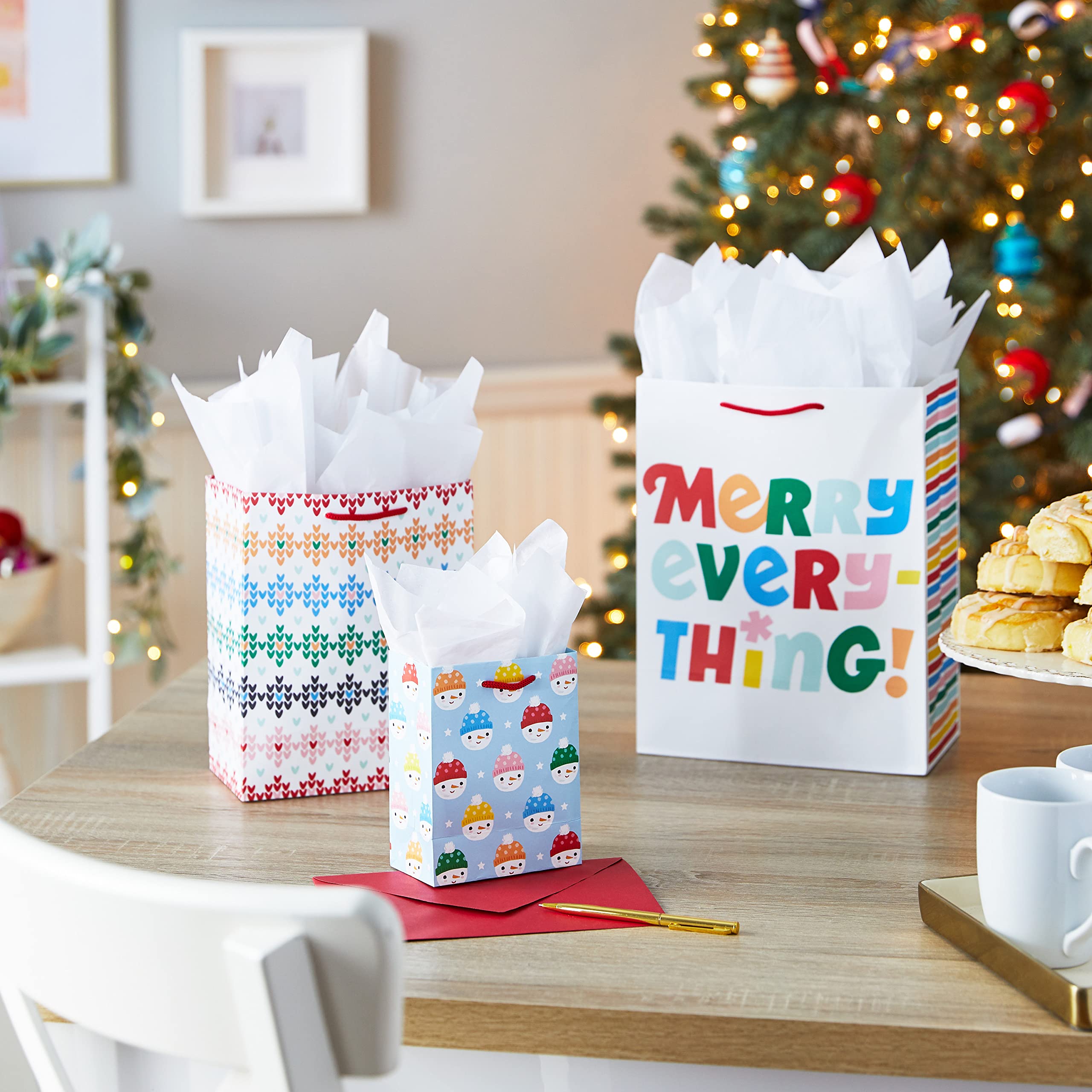 Hallmark Christmas Gift Bag Assortment (8 Bags: 2 Small 5", 3 Medium 8", 3 Large 11") Pink, Mint Green, Red, Blue, Yellow, "Merry Everything," "Let It Snow," "Happy Bright," Penguins, Snowmen, Santa