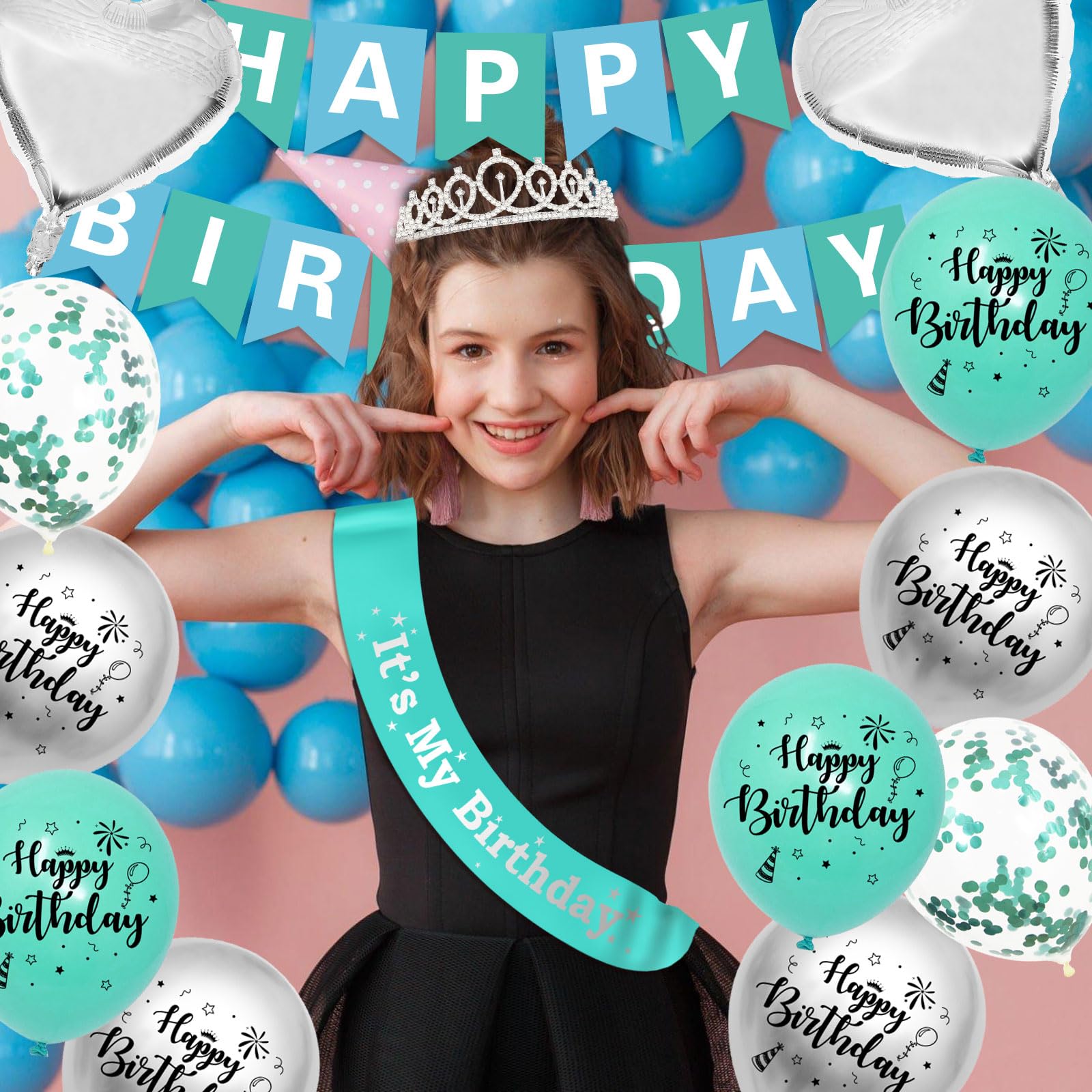 SKJIAYEE Teal Birthday Party Decorations for Girls Women, Silver Birthday Crown and Heart Star Foil Balloons, Happy Birthday Banner and Cake Topper, "It's My Birthday" Sash (Teal + Silver)