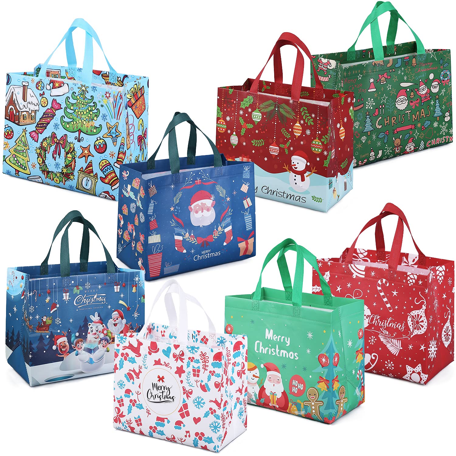 PARSUP 8PCS Christmas Gift Bags, Tote Bags with Handles, Treat Bags, Multifunctional Non-Woven Bags for Gifts Wrapping Shopping, Xmas Party Supplies, 12.8"×9.8"×6.7"