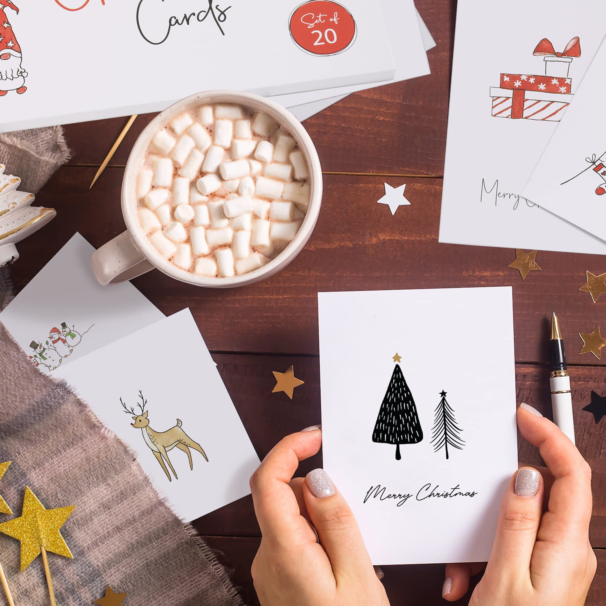 ZICOTO Beautiful Modern Christmas Cards Set of 20 - Incl. Bulk Envelopes, Matching Stickers And Storage Box - Perfect to Send Warm Holiday Wishes to Friends and Family