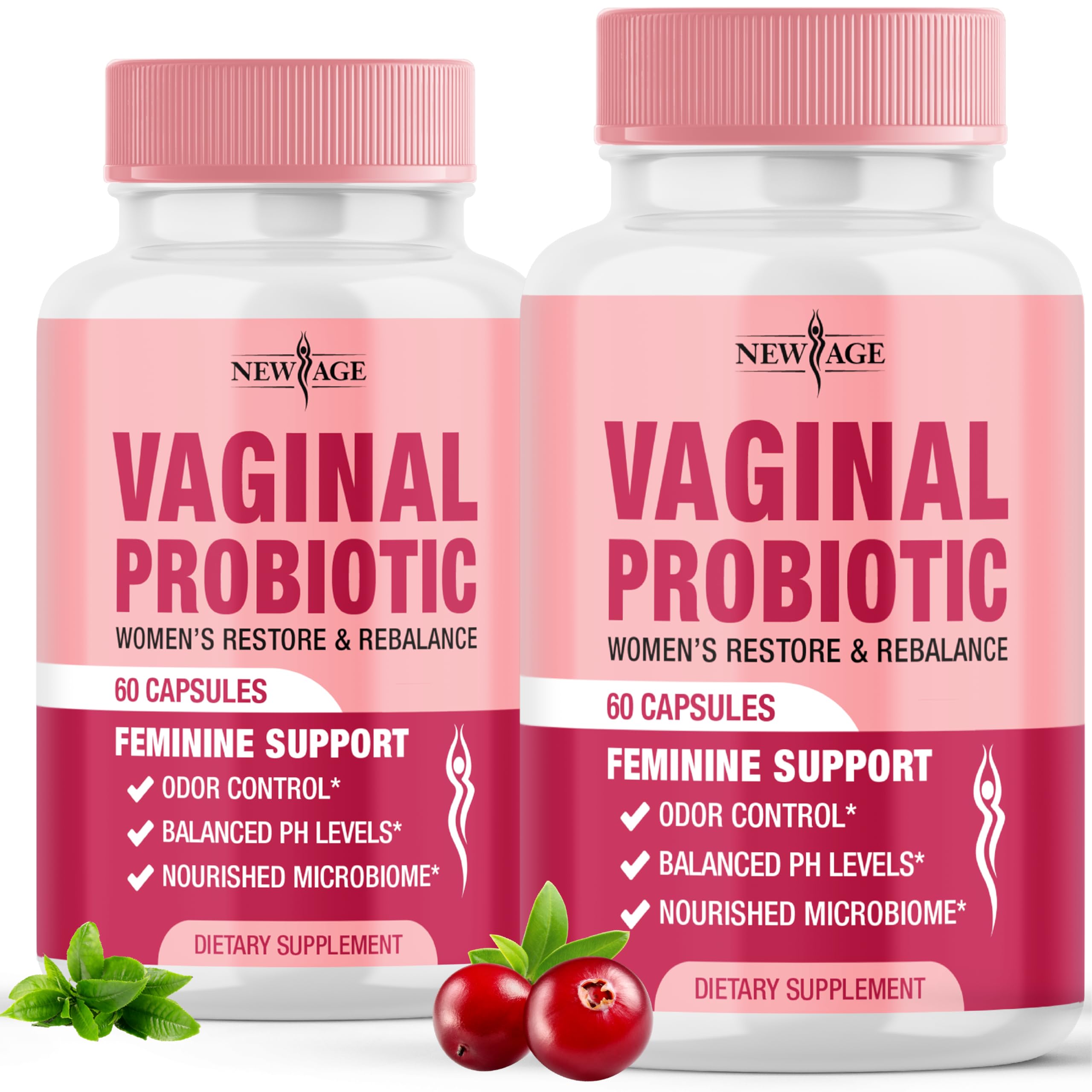 NEW AGE Vaginal Probiotics for Women with Prebiotics, Cranberry Extract, and a Lactobacillus Probiotic Blend, Supports Healthy pH Balance, Odor Control, Vaginal Flora - 120 Capsules