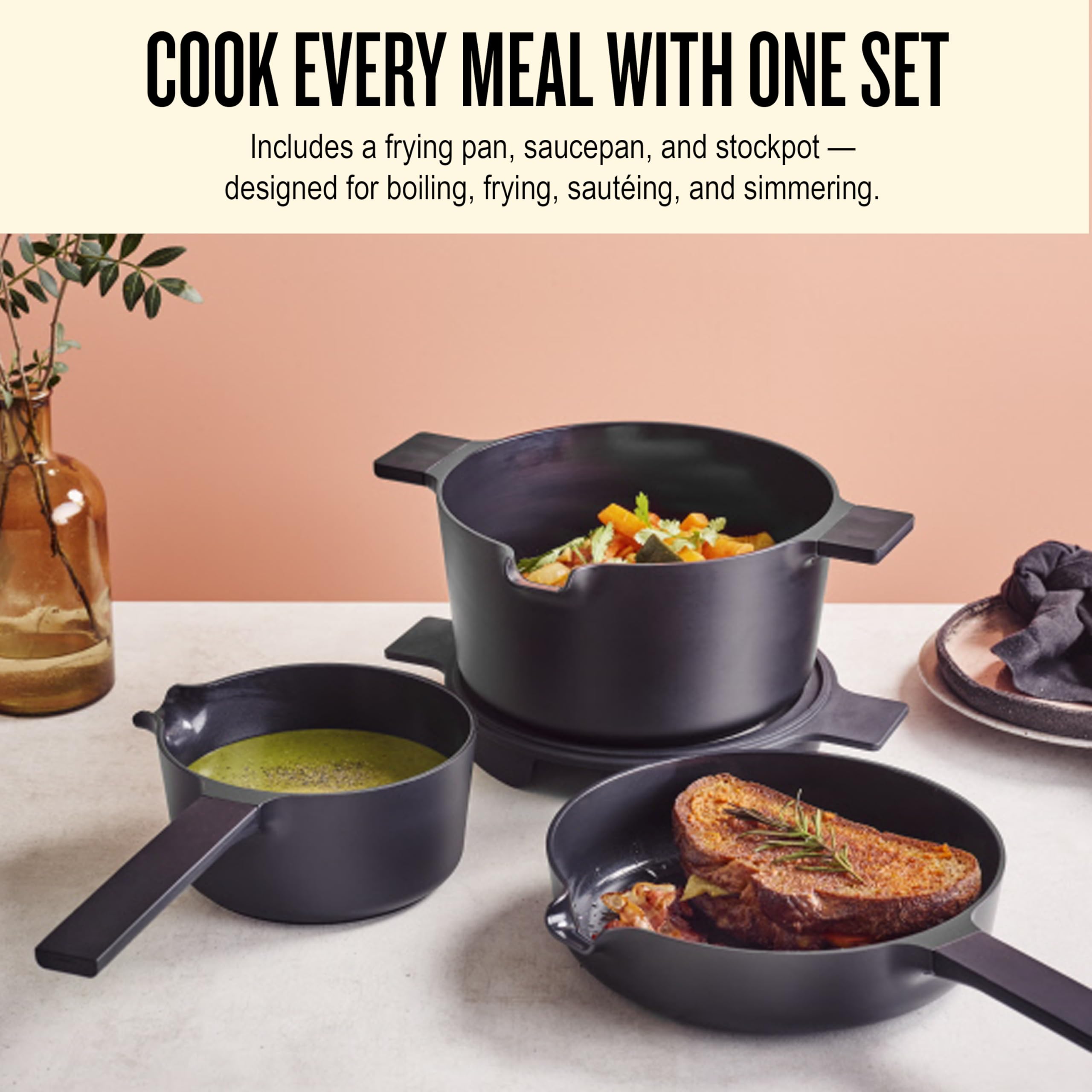 Alva Neat 5-Piece Nested Nonstick Ceramic Cookware Set - Made without PFAS, PFOA & PTFE – Induction & All Stovetop Compatible, Oven Safe, Easy to Clean – Space-Saving Design, Green