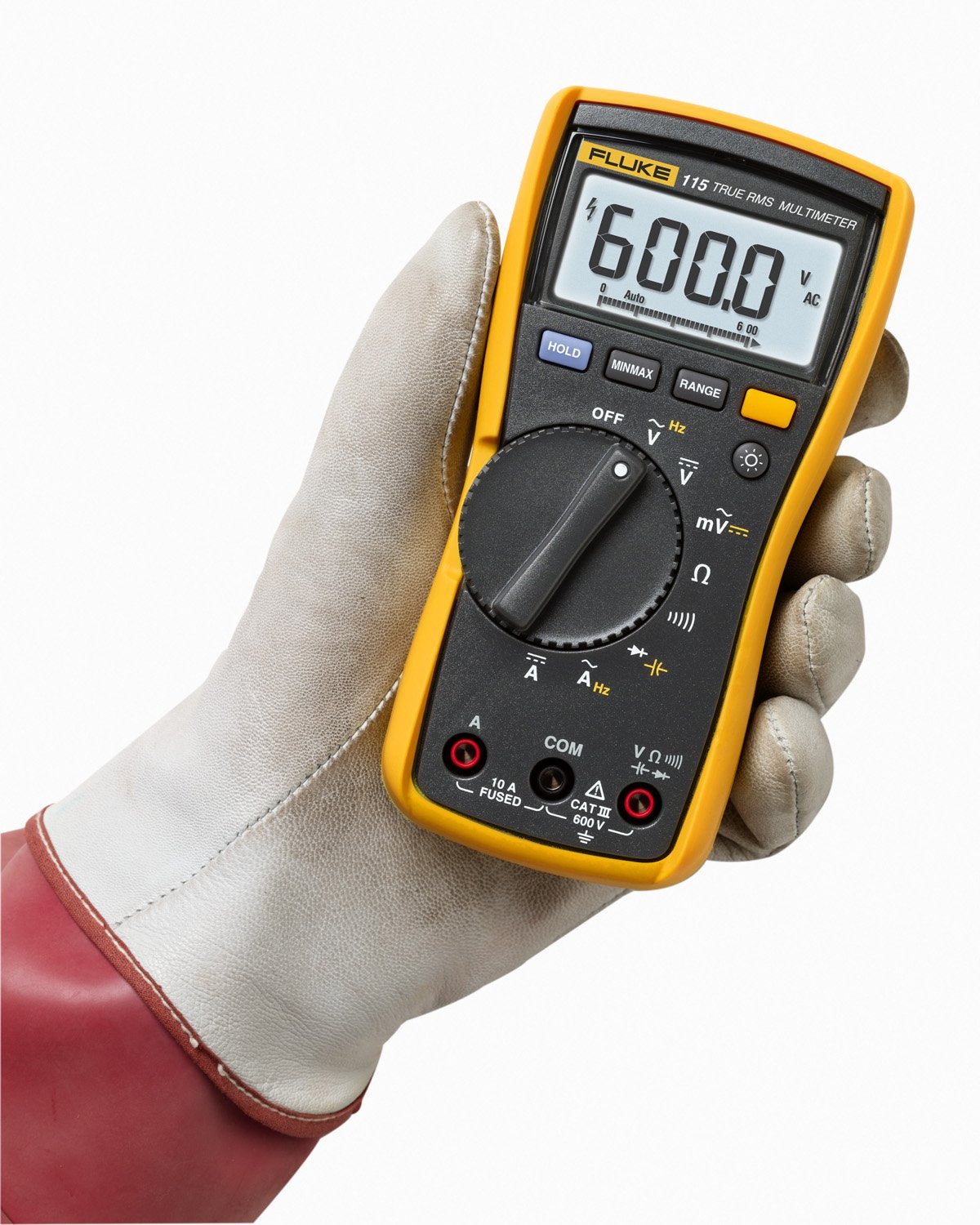 Fluke 115 Digital Multimeter, Measures AC/DC Voltage To 600 V & Current to 10 A, Measures Resistance, Continuity, Frequency & Capacitance, Includes Battery, Holster & 4mm PVC-Insulated Test Lead