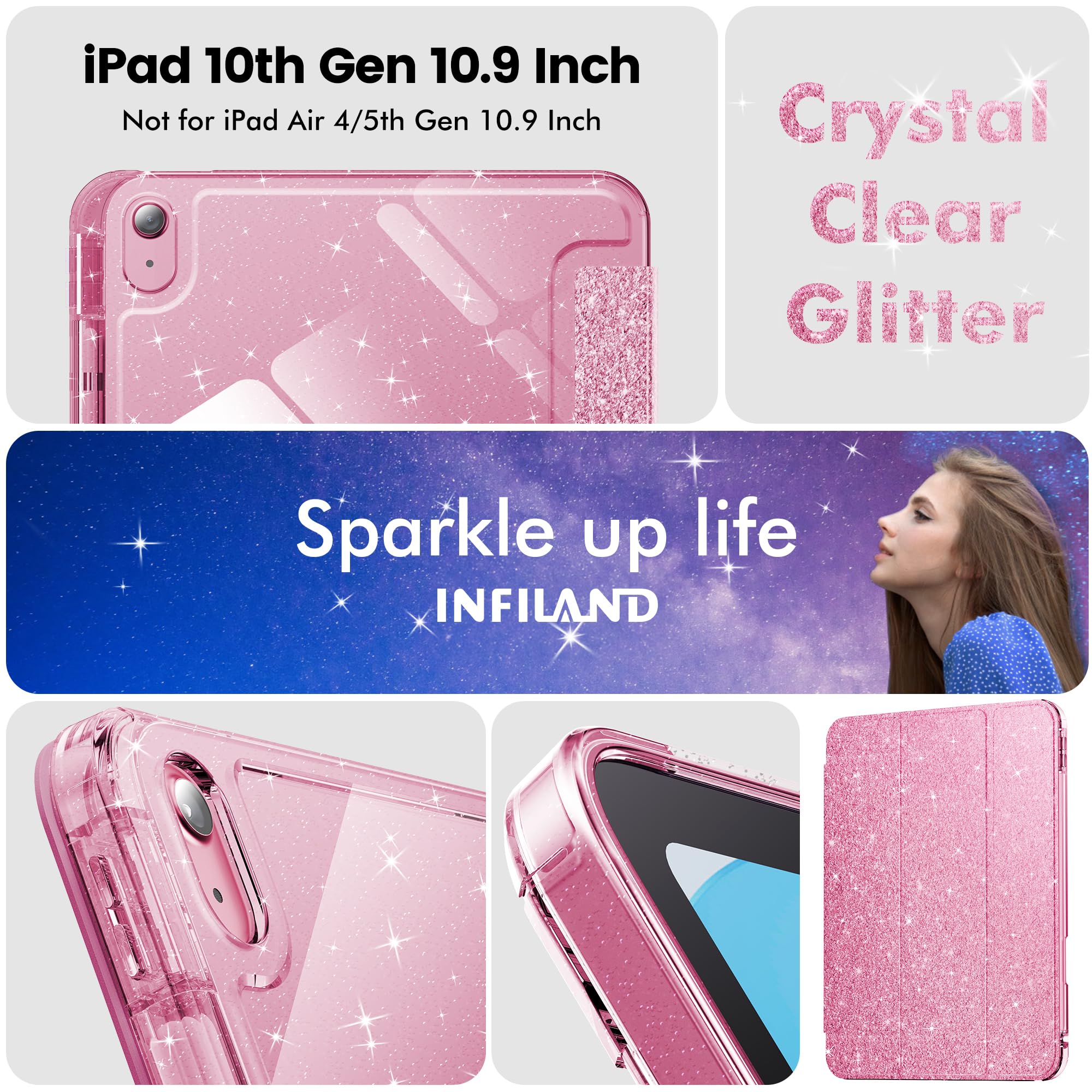 INFILAND Compatible with iPad 10th Generation Case, iPad Case 10th Generation 10.9 Inch for Kids, Girls, Cute Glitter Cover with Sparkly Crystal Clear Back, Pencil Holder, Anti-Yellowing, Rose Pink