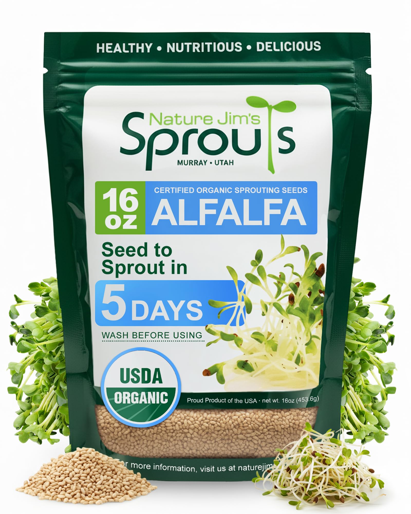 Nature Jims Sprouts Alfalfa Seeds – Non-GMO Organic Sprout Growing Kit for Planting – Premium Resealable Bag for Fresh Homegrown Sprouting Seeds – Rich in Nutrients, Vitamins, Fiber & Minerals – 16oz