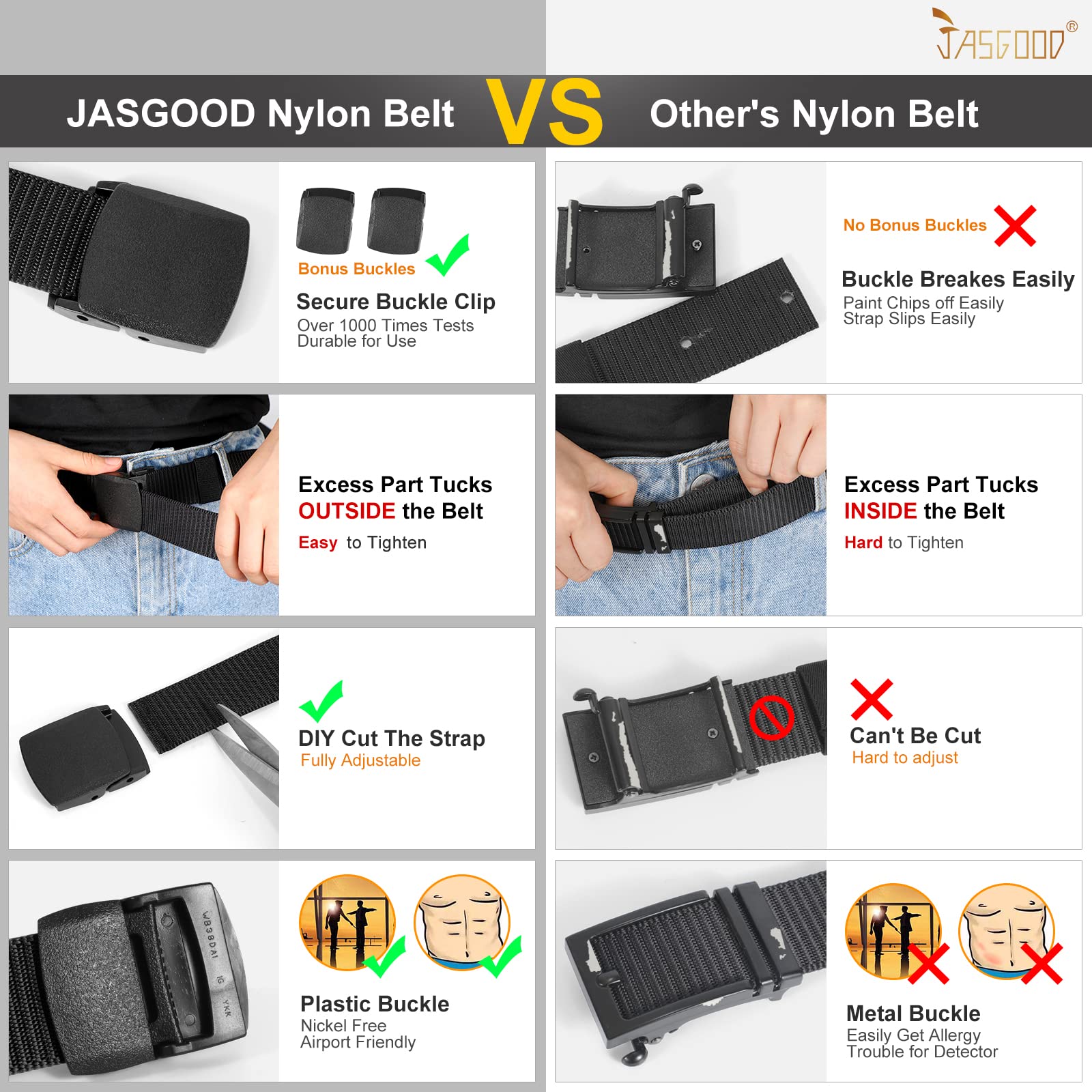 JASGOOD Nylon Military Tactical Men Belt 2 Pack Webbing Canvas Outdoor Web Belt with Plastic Buckle, C-Black+Black, Fits Pant up to 45 Inch