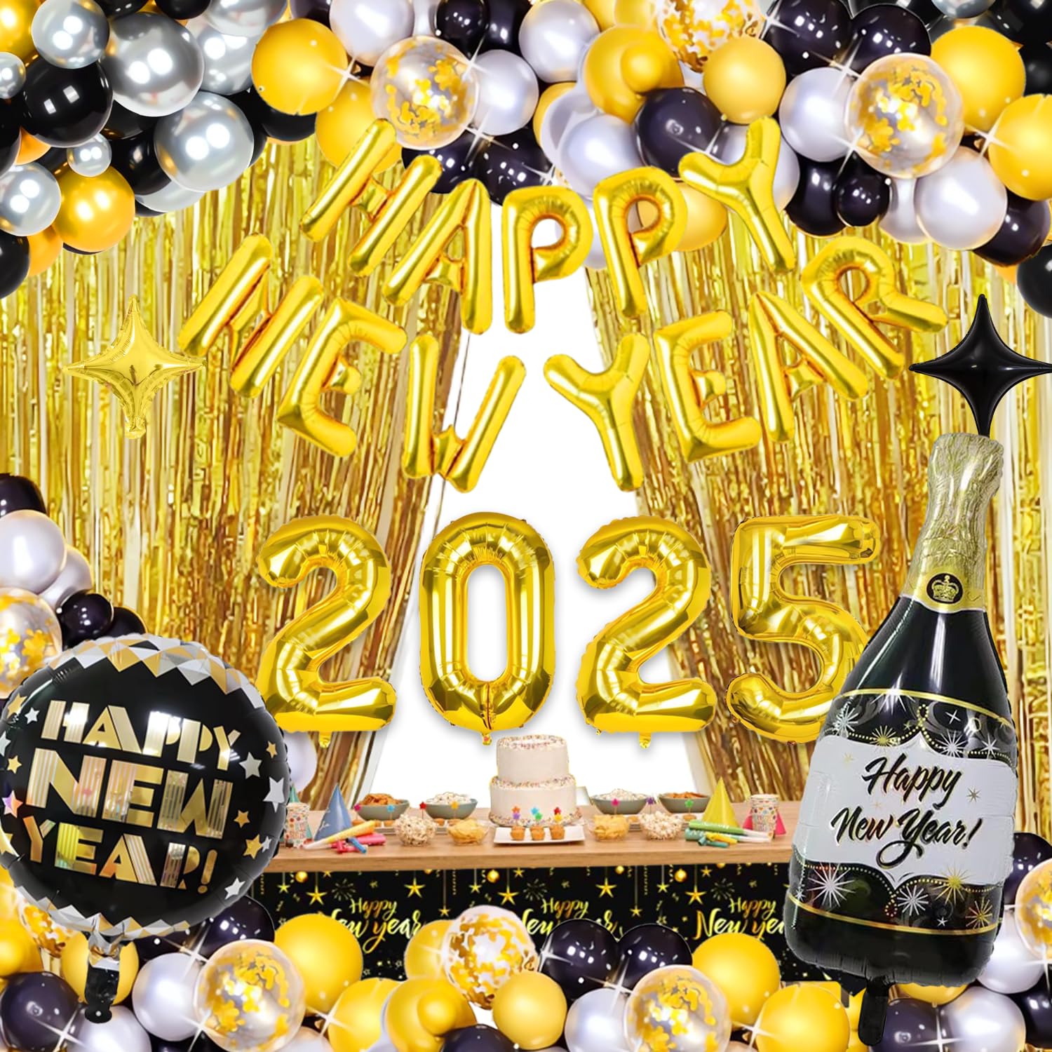 New Years Eve Party Supplies 2025, Happy New Year Decorations 2025 Balloons Party Set, New Years Decorations Supplies with 2025 Balloons, Happy New Year Banner, Fringe Curtains for NYE Carnival Decor