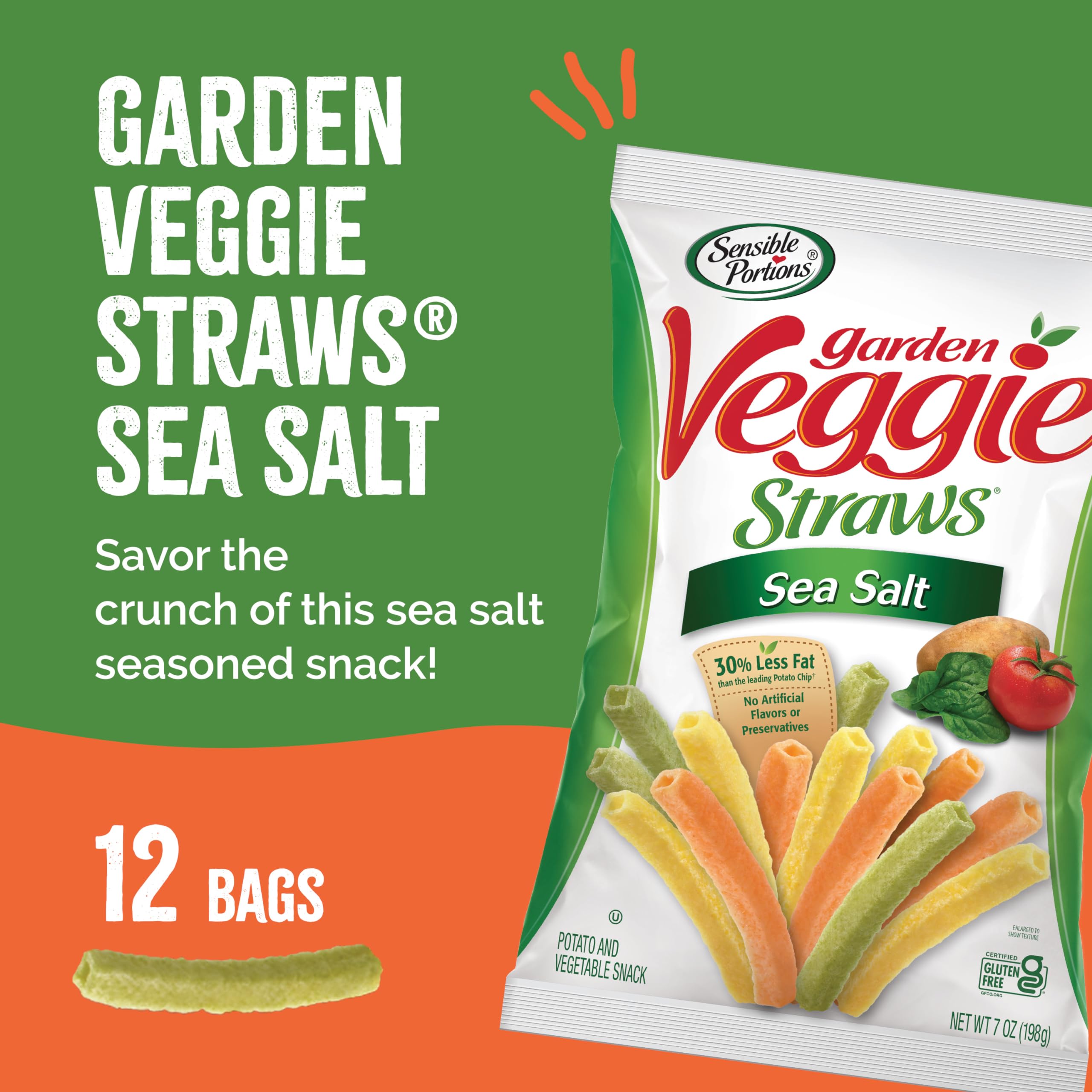 Sensible Portions Veggie Straws, Sea Salt Flavor, Gluten-Free Chips, 7 Ounce Bag, 12-Pack