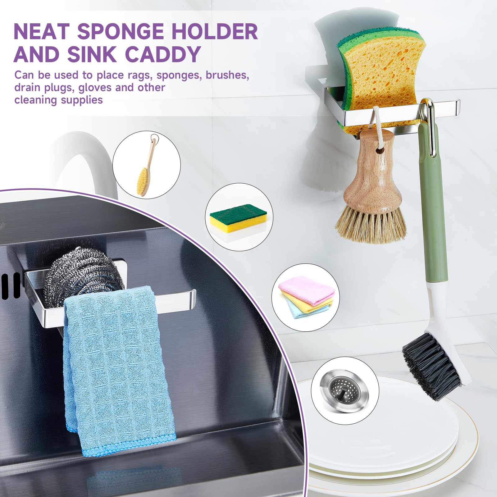 XILIMEN Sink Caddy Sponge Holder for Kitchen Sink Dish Cloth Hanger, Stainless Steel Sink Caddy Organizer Rack, 2-in-1 Adhesive Kitchen Sink Caddy for Sponge, Dish Cloth, Brush, Scrubber, Soap