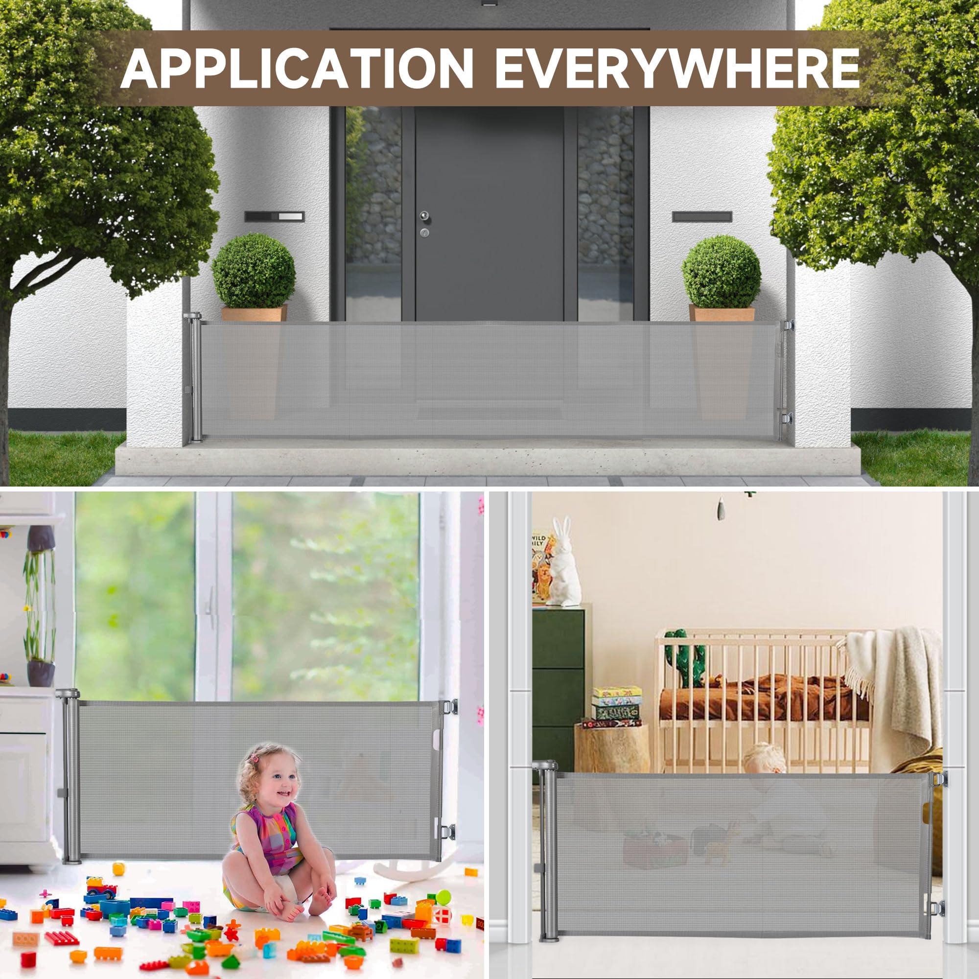 Rengue 140 Inch Retractable Baby Gates, Extra Wide Baby Gates for Large Openings, Mesh Dog Gate Retractable, Safety Gates for Kids or Pets, Extra Long Baby Gates for Stairs Doorway (Gray, 140 ")