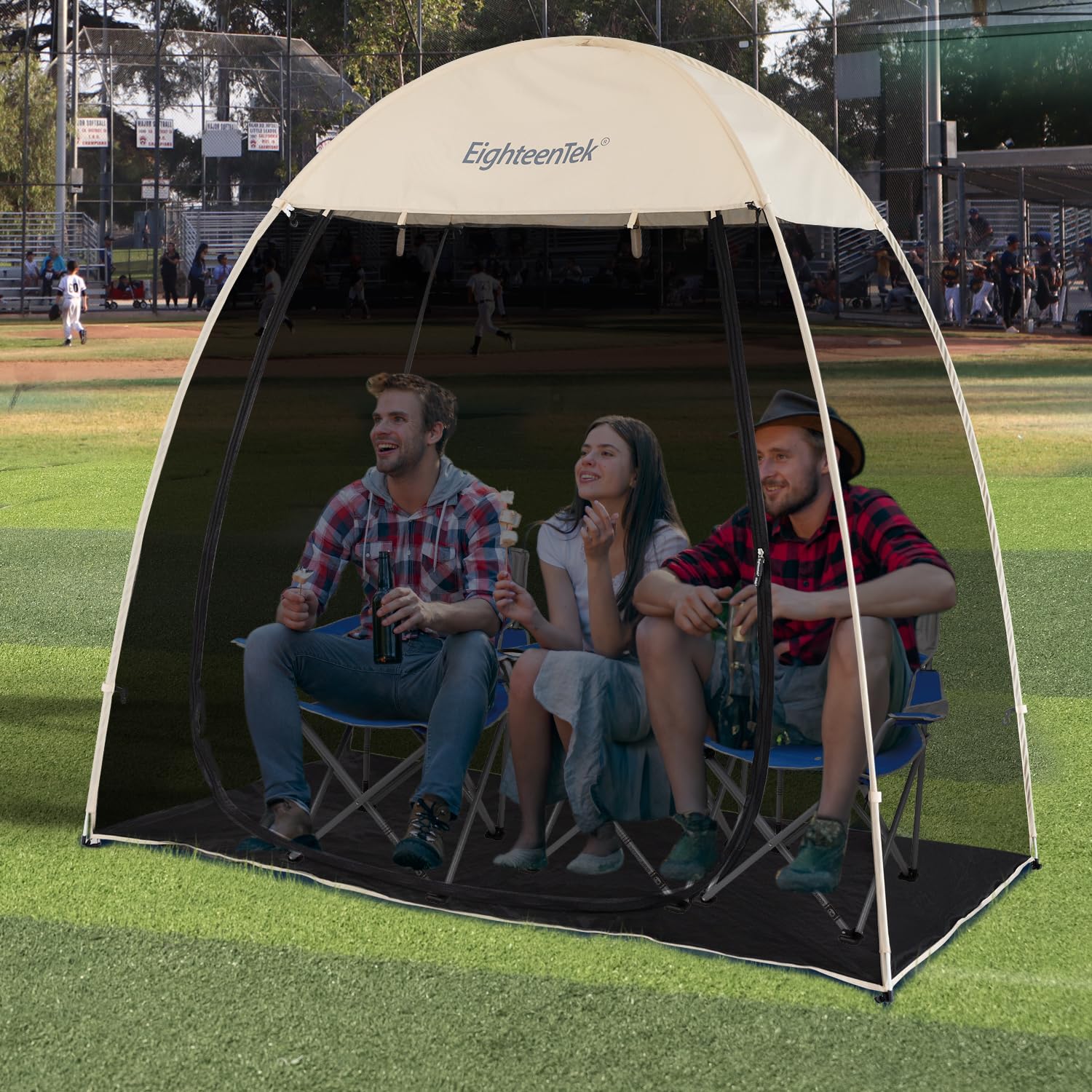 EighteenTek Pod All Weather Sports Tent Shelter Screen House Room Pop Up Gazebo Outdoor Camping Canopy Tent Sun Shade Shelter Mesh Walls Not Waterproof 7'x4'x6.5'H Beige