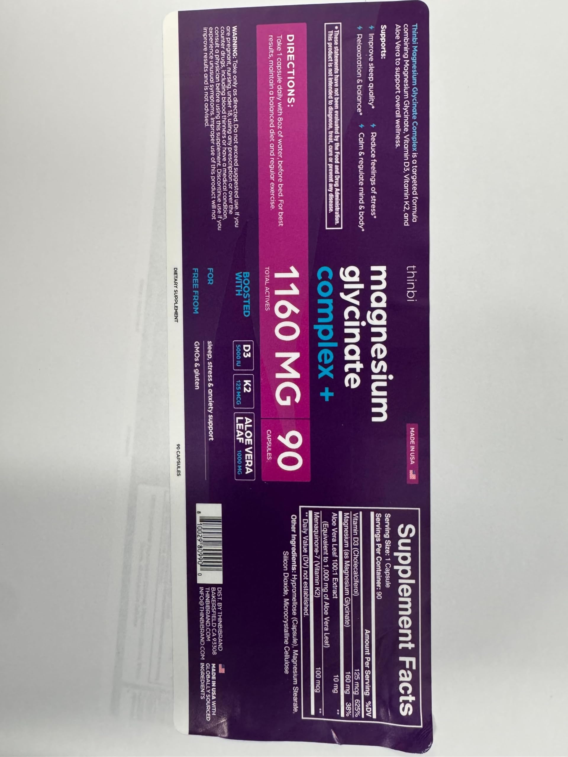 Magnesium Glycinate 1160mg + Aloe Vera, D3 & K2 Complex 90 Capsules - High Absorption, Non-Laxative - Supports Healthy Stress Response, Muscle Function & Healthy Metabolism Chelated Formula