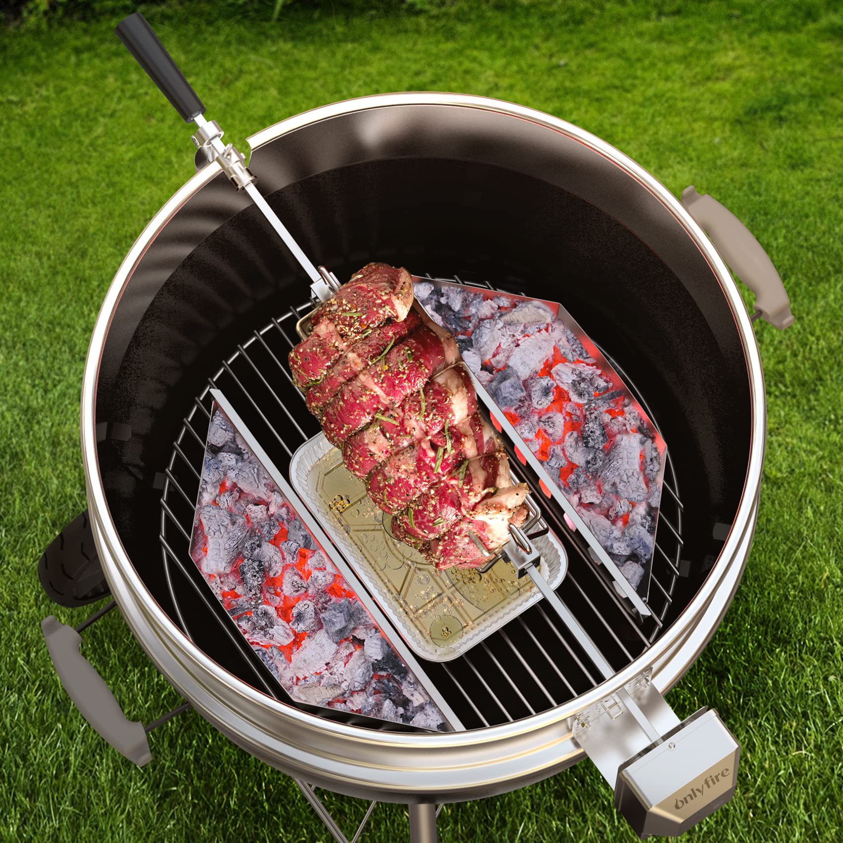 onlyfire Upgrade Stainless Steel Rotisserie Ring Kit for Weber 22-inch Kettle Charcoal Grills, Comes with Charcoal Baskets and 10 Pack Drip Pans