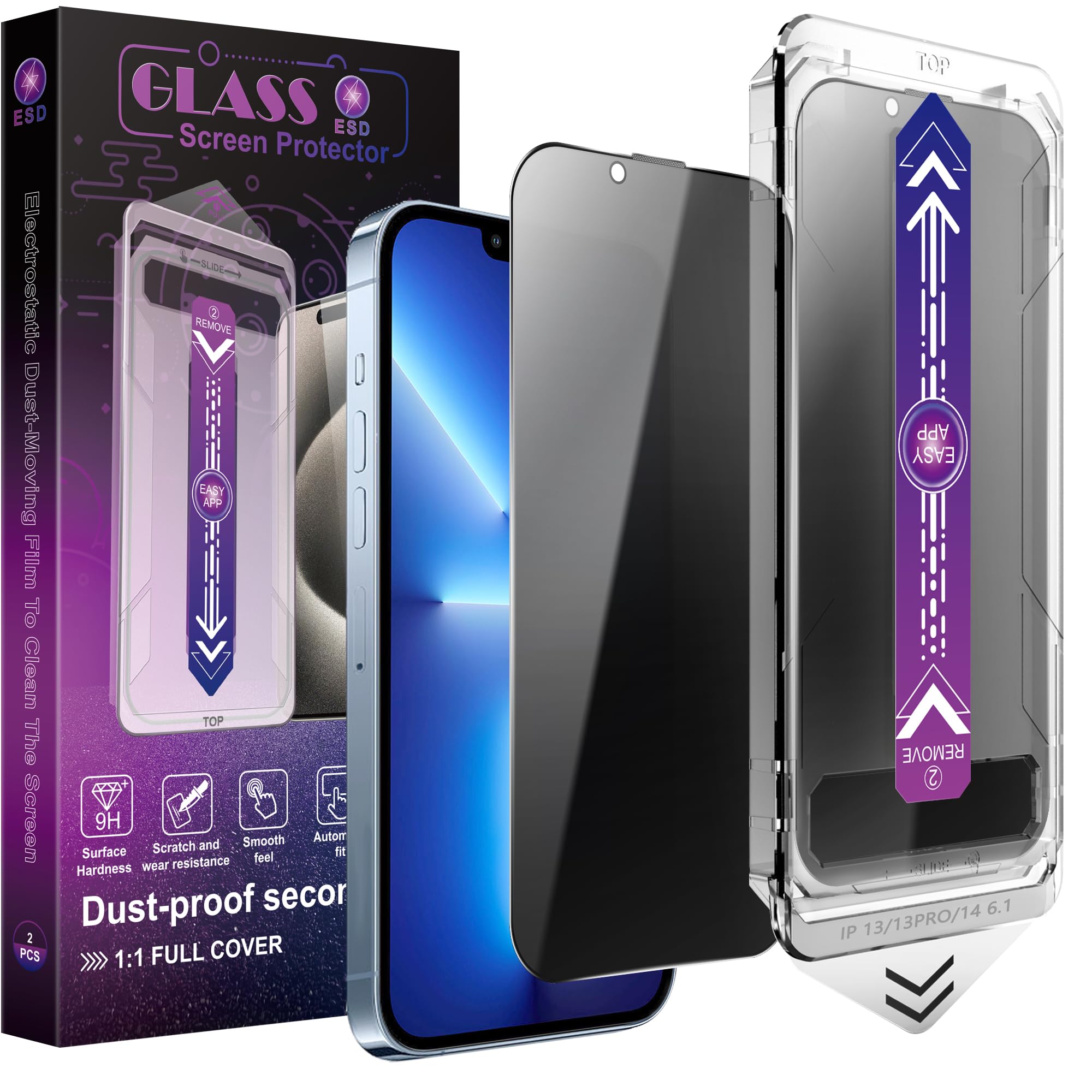 CHISHA 2-Pack Privacy Screen Protector for iPhone 14 and iPhone 13 and iPhone 13 Pro 6.1-Inch, Auto Dust Removal, No Bubbles,Anti-Spy Tempered Glass Film, Easy Installation