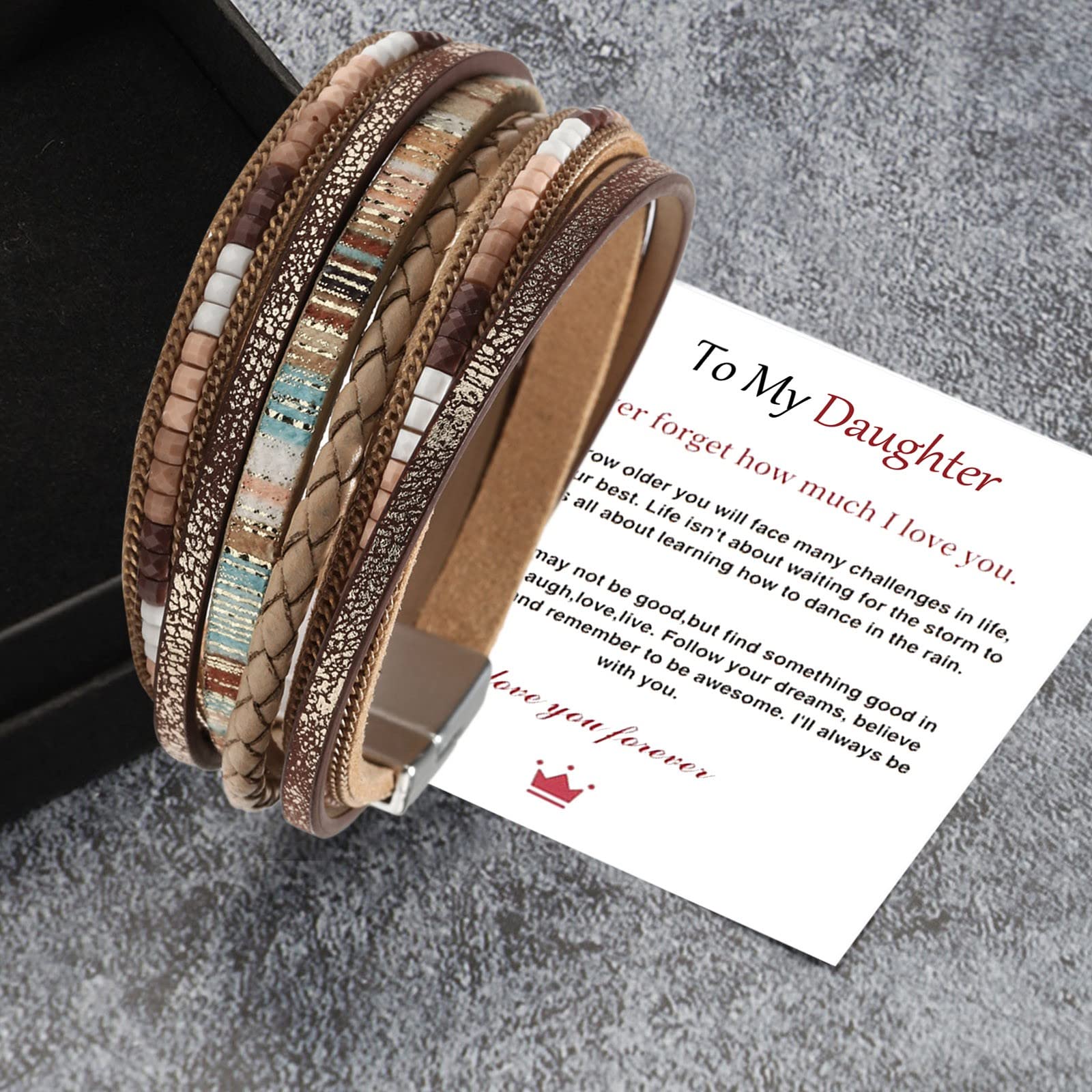 Prime of Day of Deals Today 2024 Clearance Gifts 5 and Under Classic Leather Wrap Bracelets for Women, Boho Leopard Multi-layer Metal Beads Cuff Bracelet Jewelry for Her