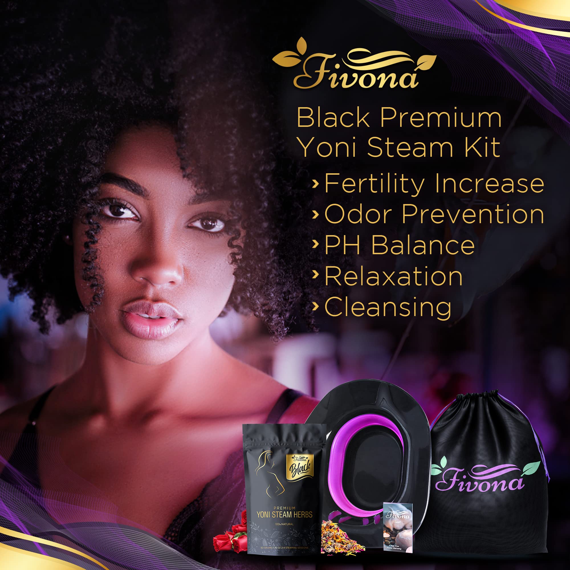 Fivona 3-in-1 Yoni Steam Kit Black - Foldable Over The Toilet Steamer Seat with Herbal Blend and Storage Bag - Effective Detox pH Balance Cleansing and Relaxation - at Home V-SPA