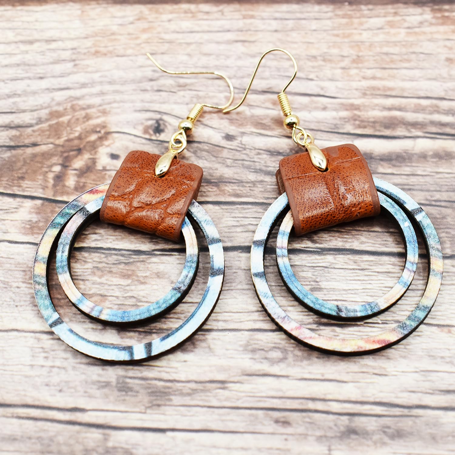 Handmade Big Hoop Earrings, Boho Earrings, Colorful Wooden Leather Earrings, Wood Circle, Statement Jewelry for Women