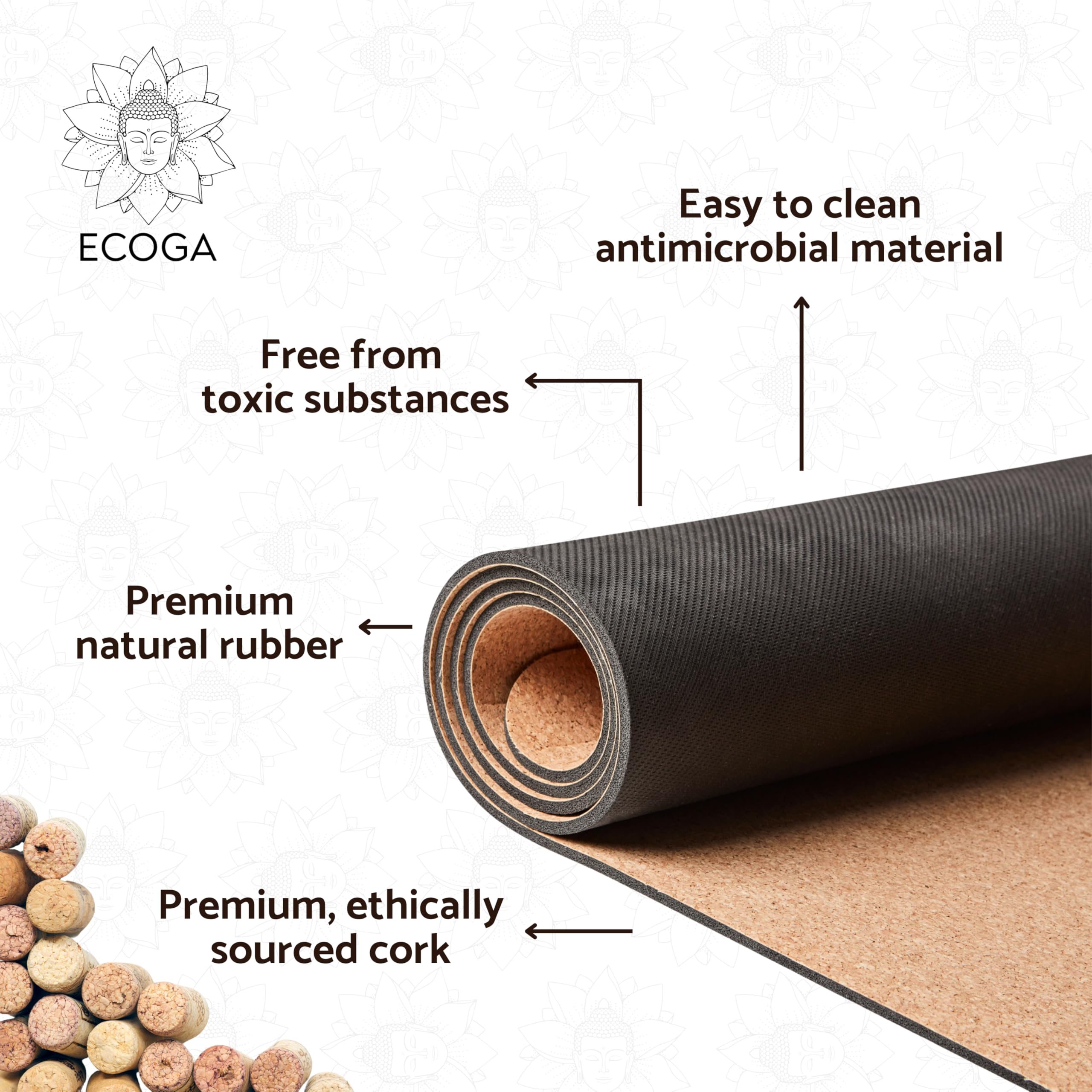 ECOGA Premium Cork Yoga Mat With Alignment Marks - 5mm Thick Hot Yoga Mat Non Slip with Natural Rubber Base - Eco-friendly Non Toxic Yoga Mat for Gym & Stretching - Includes Yoga Mat Strap and Bag