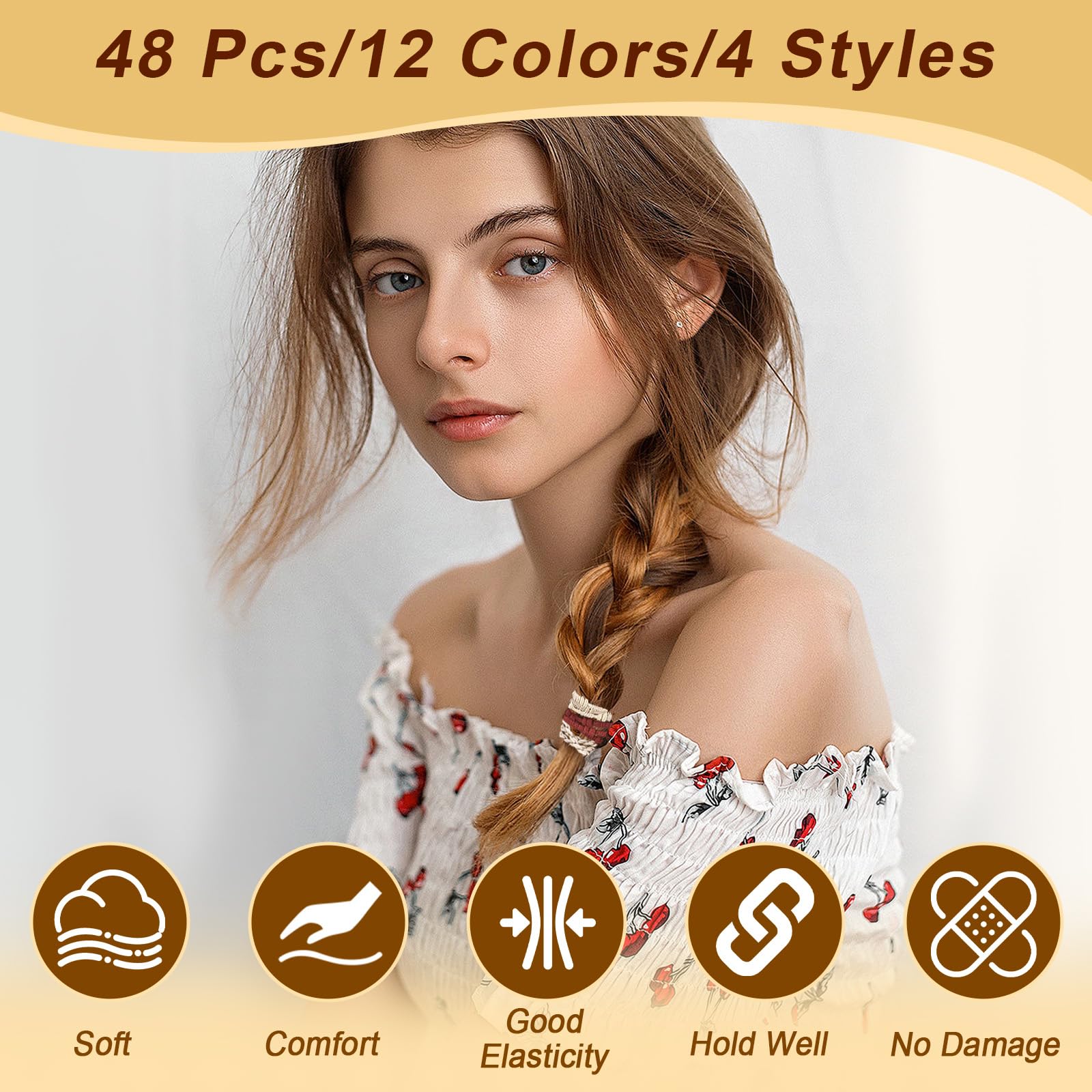 48 PCS Boho Hair Ties, Elastic Hair Tie Bracelets for Women, Cute Hair Ties No Damage, Ponytail Holders for Girls with Thick and Thin Hair - Multicolor