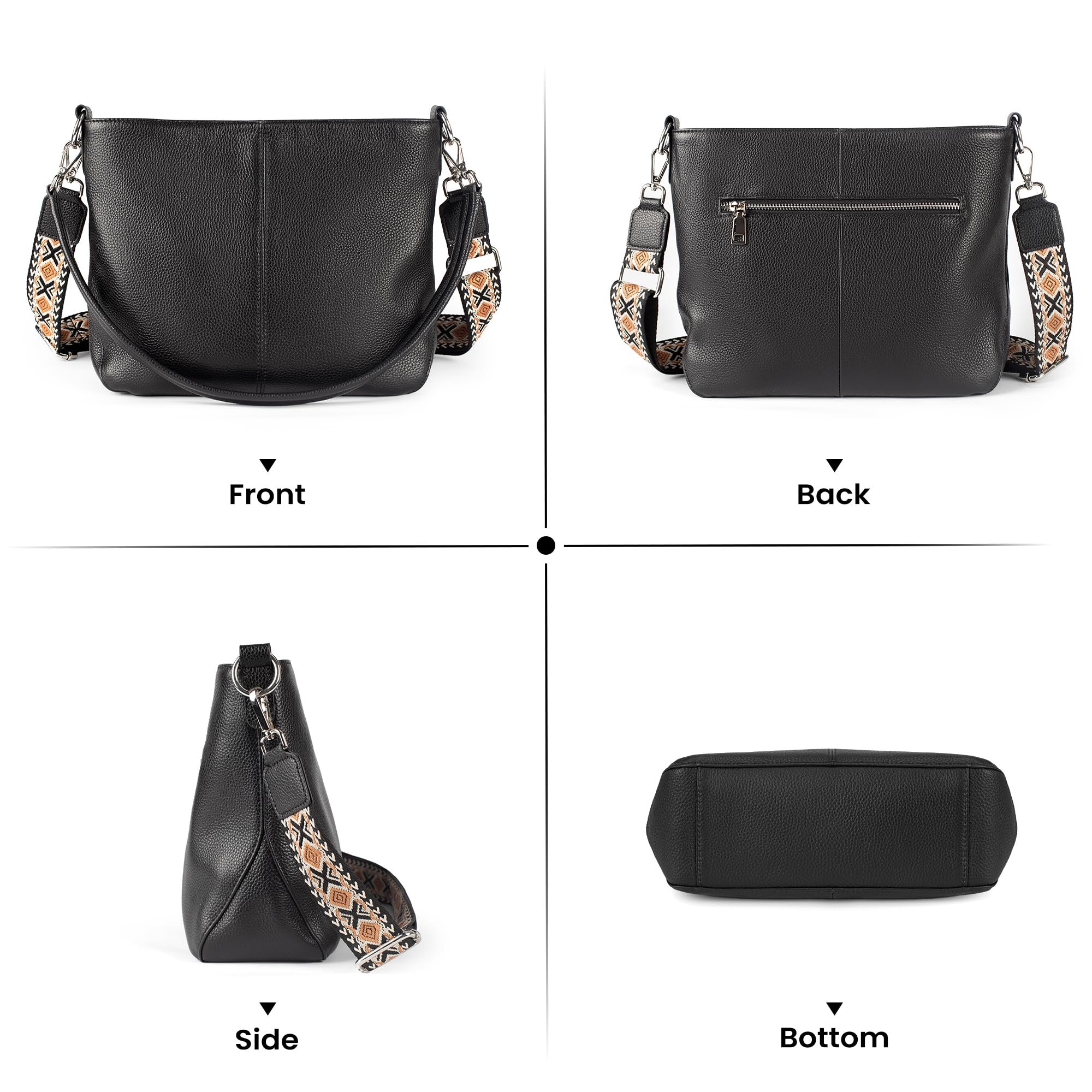 befen Genuine Leather Purse for Women, Black Leather Crossbody Bag Soft Hobo Purse Women's Shoulder Handbags with 2 Removable Straps Designer Cross Body Purses for Everyday & Travel & Work