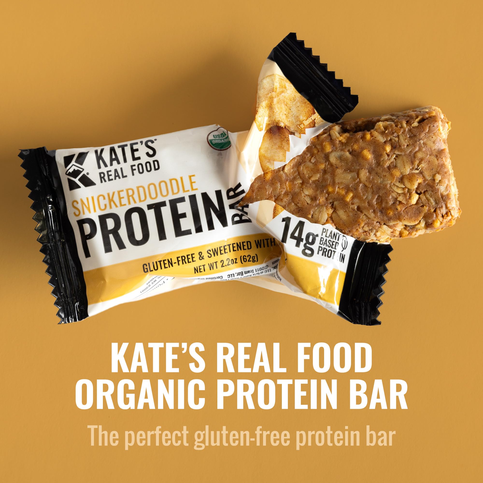 Kate’s Real Food Organic Protein Bars – (Snickerdoodle, 2.2 oz, Pack of 12) – Plant Based Protein Bars - Gluten Free, Soy Free, Non GMO, Whole Grains, and All Natural