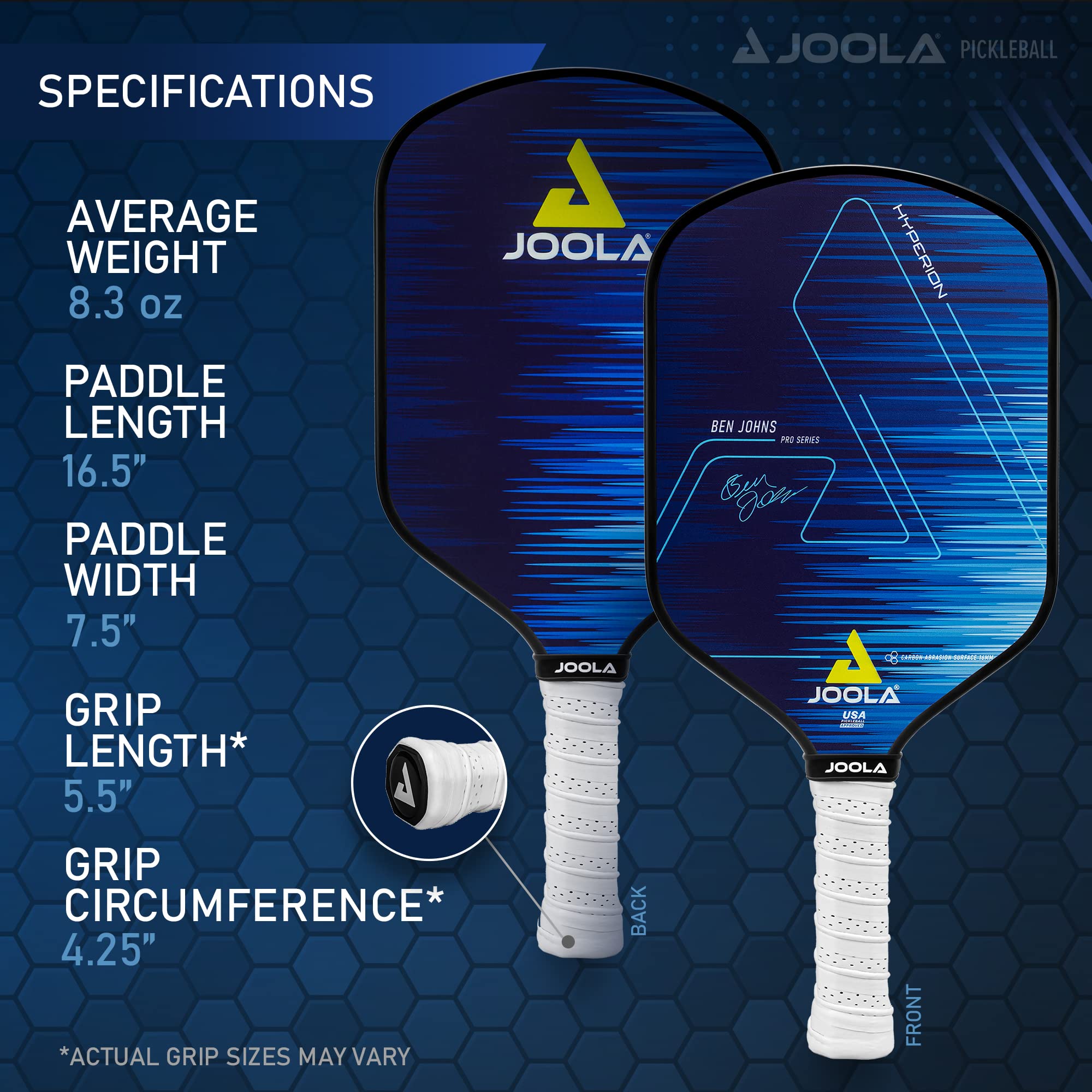 JOOLA Ben Johns Hyperion CAS 16 Pickleball Paddle - Carbon Abrasion Surface with High Grit & Spin, Sure-Grip Elongated Handle, 16mm, with Polypropylene Honeycomb Core, USAPA Approved