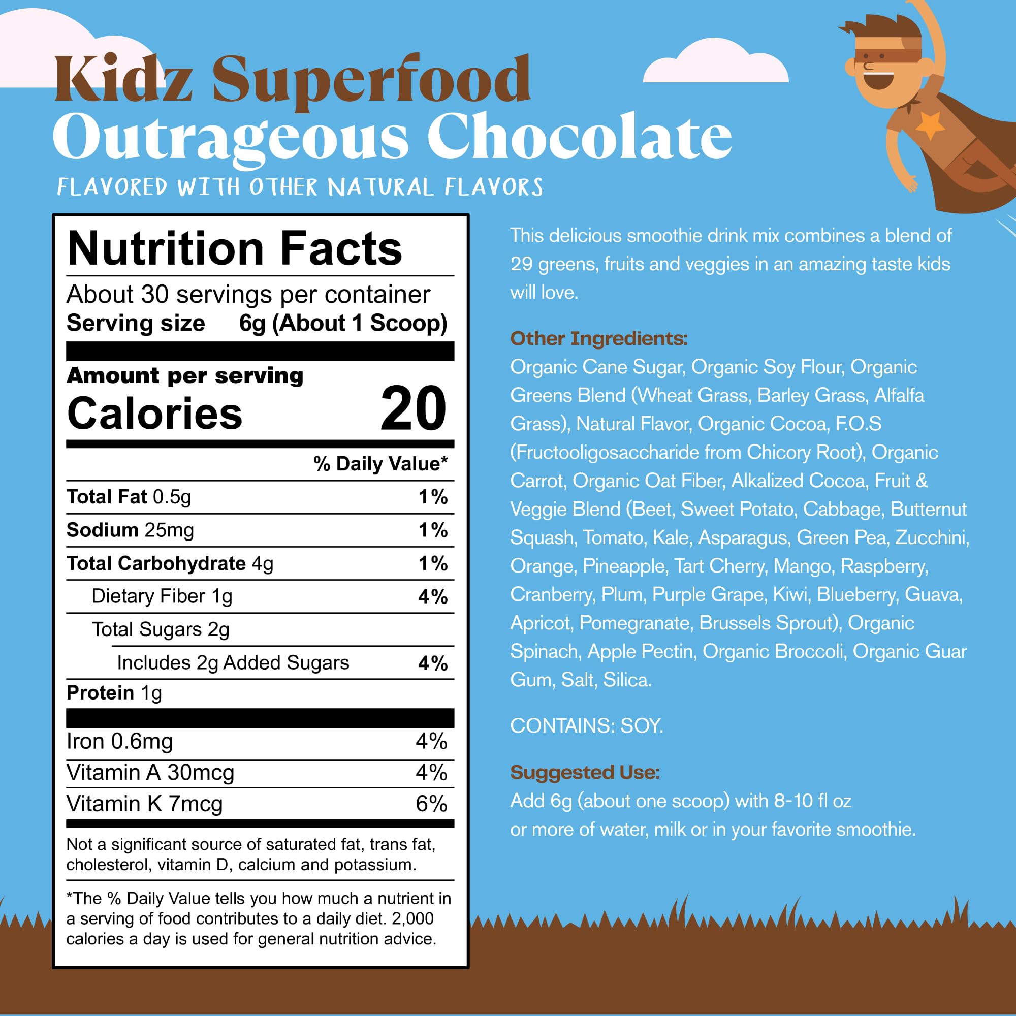 Amazing Grass Kidz Superfood: Organic Greens, Fruits, Veggies, Beet Root Powder & Probiotics for Healthy Kids, Outrageous Chocolate, 30 Servings, 6.35 Ounce (Pack of 1)