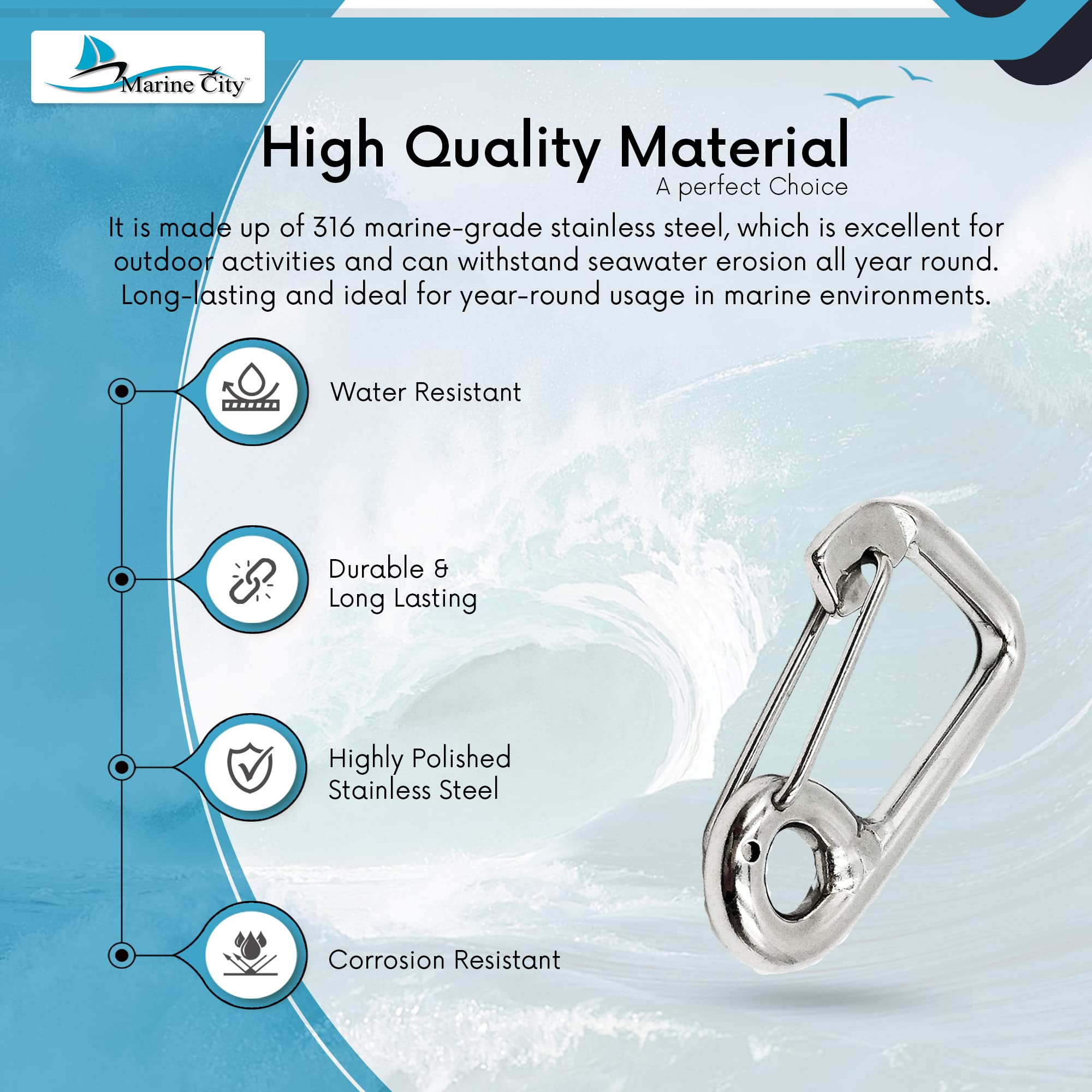 MARINE CITY 316 Grade Stainless Steel Carabiner Spring Snap Hook with Ring 2 Inches for Climbing – Fishing – Hiking (Pack of 1)