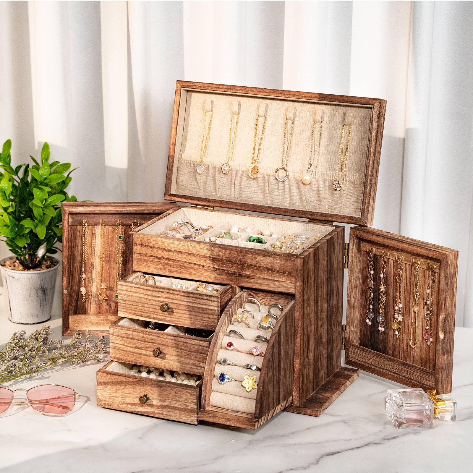 Poyilooo Jewelry Box Organizer, Solid Wood Jewelry Boxes for Women for Storage & Display Necklace Ring Earring Bracelet, Rustic Style Jewelry Organizer Box for Women Gifts (Carbonized Brown)