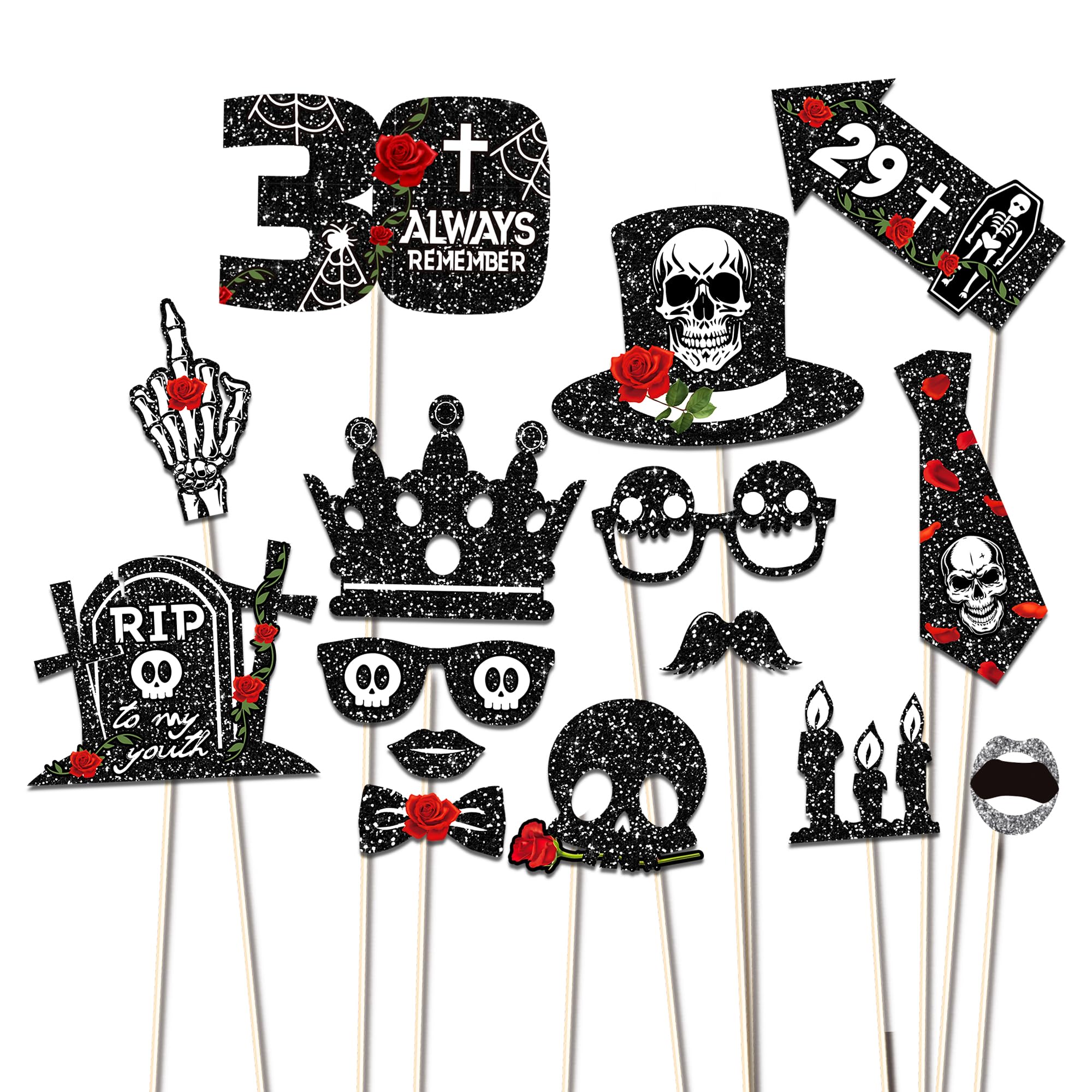 25pcs 30th Birthday Photo Booth Props with Stick 30 Birthday Party Supplies Rip to My Youth Skull Selfie Prop for My Youth Funny Thirtieth Black Birthday Party Decoration