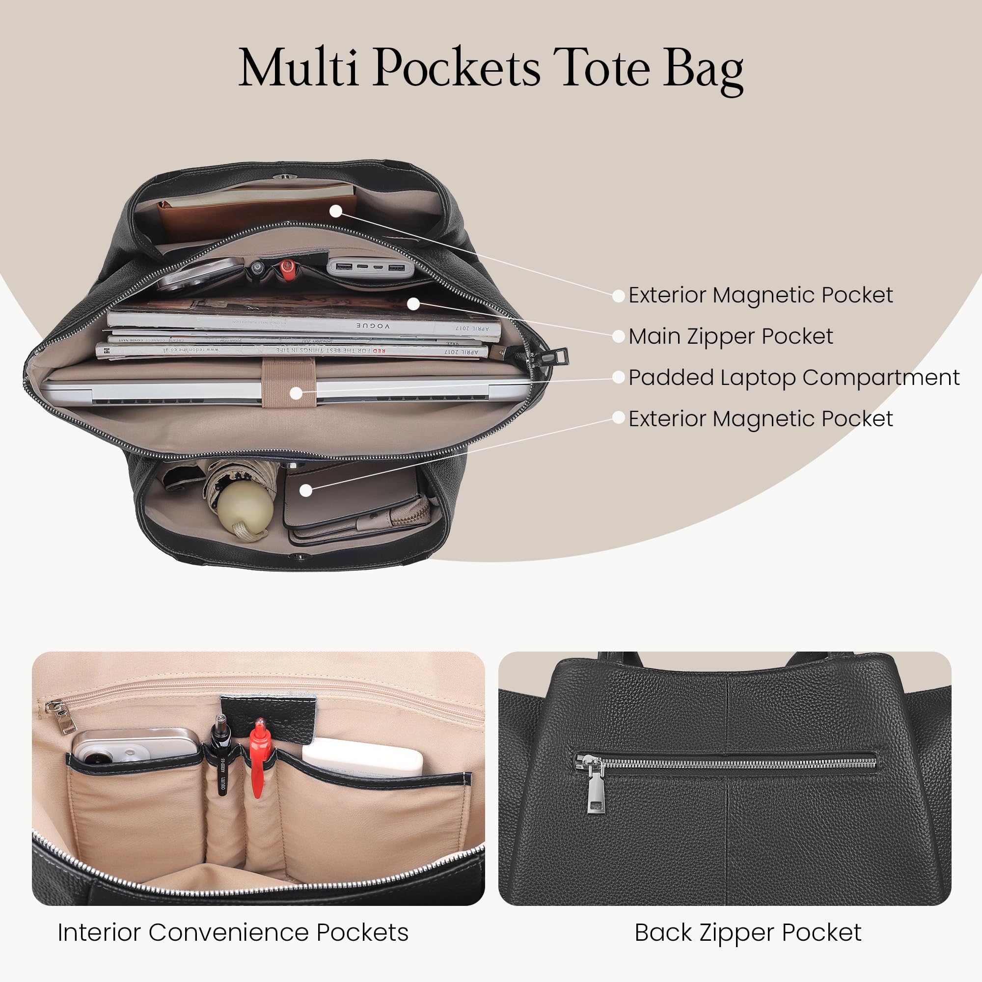 befen Black Genuine Leather Tote Bag for Women Work, Womens Tote Bags Shoulder Purses Totes with Compartments Handbags for Office Travel Casual