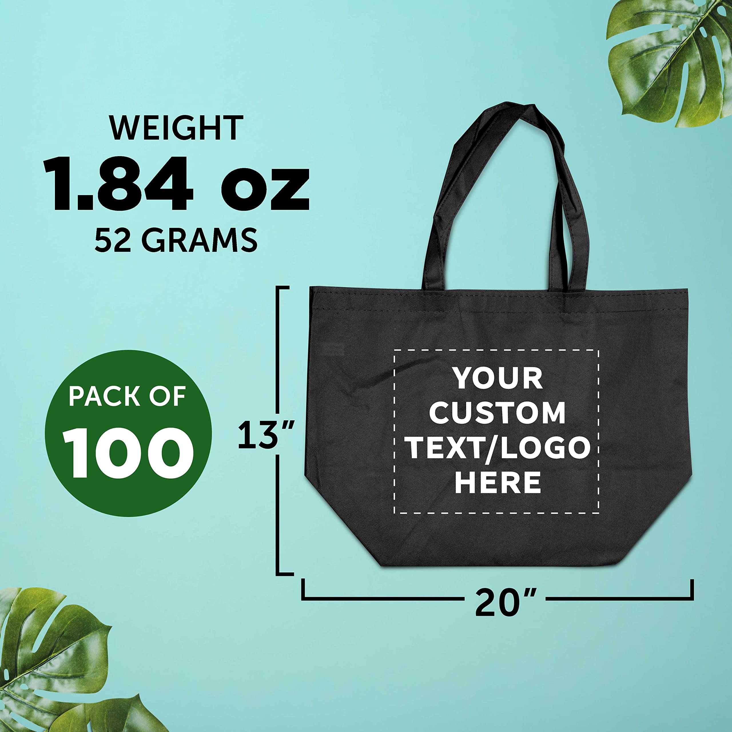 DISCOUNT PROMOS Custom Southern Style Grocery Tote Bags Set of 100 - Personalized Bulk Pack, Reusable Grocery & Shopping Bags - Great for Travel, Carry on Bag, Business Promotions - Black - 20"X13"X8"