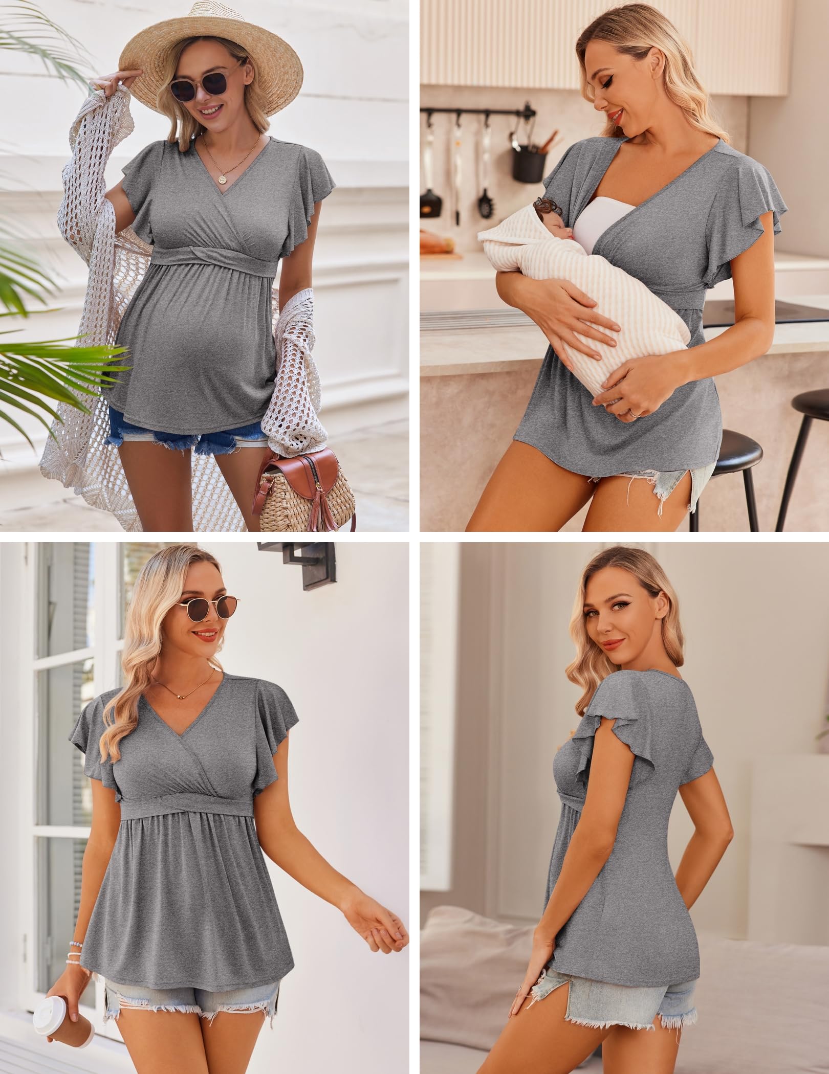 Ekouaer Maternity Shirts 3 Packs Flying Short Sleeve Nursing Tops Pregnancy Clothes Army green + grey + black M