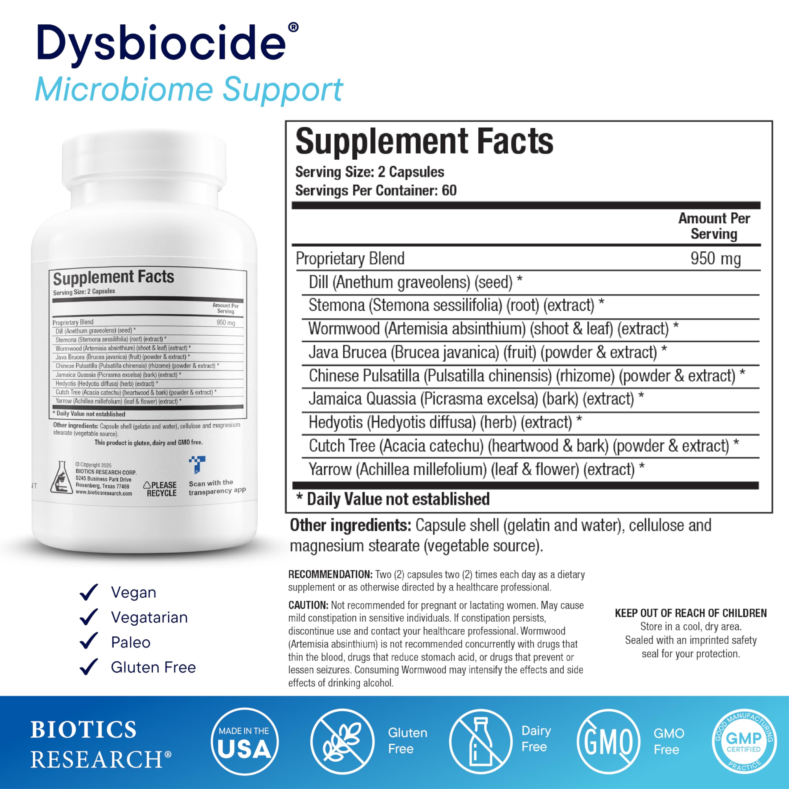 Biotics Research Dysbiocide Synergistic Botanical Blend Supports Normal Gut Health for Women & Men - Digestive Health Supplement - Supports Balanced Gut microbiome - 120 Capsules