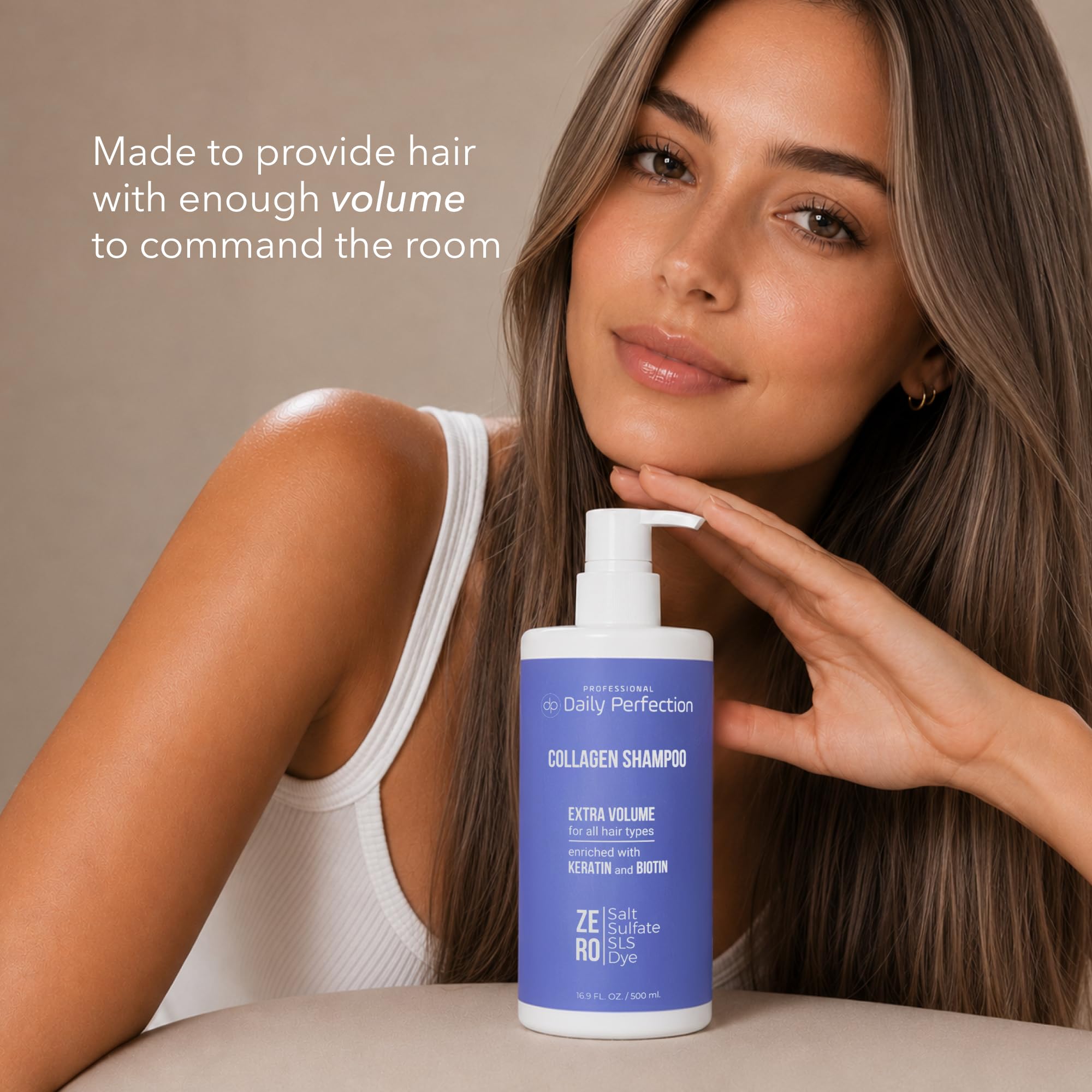 Daily Perfection Collagen Volumizing Shampoo - Extra Volume Daily Cleanser with Biotin and Keratin for All Hair Types - Salt, Sulfate and Paraben Free - 16.9 Fl Oz