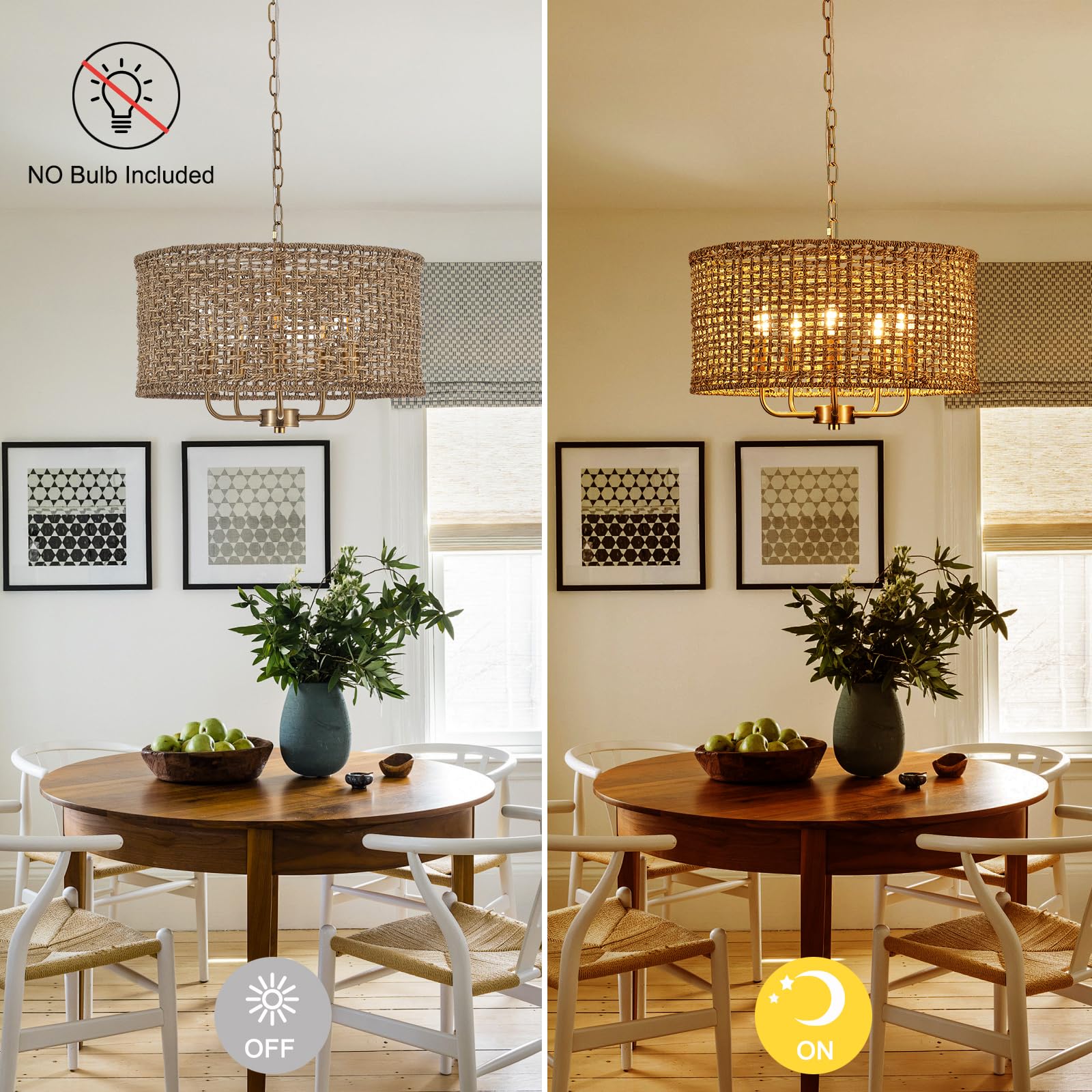 YOMECOO Hand-Woven Rattan Chandelier Vintage Farmhouse Boho Bamboo Chandelier Light Fixture Mini Retro 5-Lights Drum Wicker Rattan Chandelier for Dining Room, Kitchen, Living Room