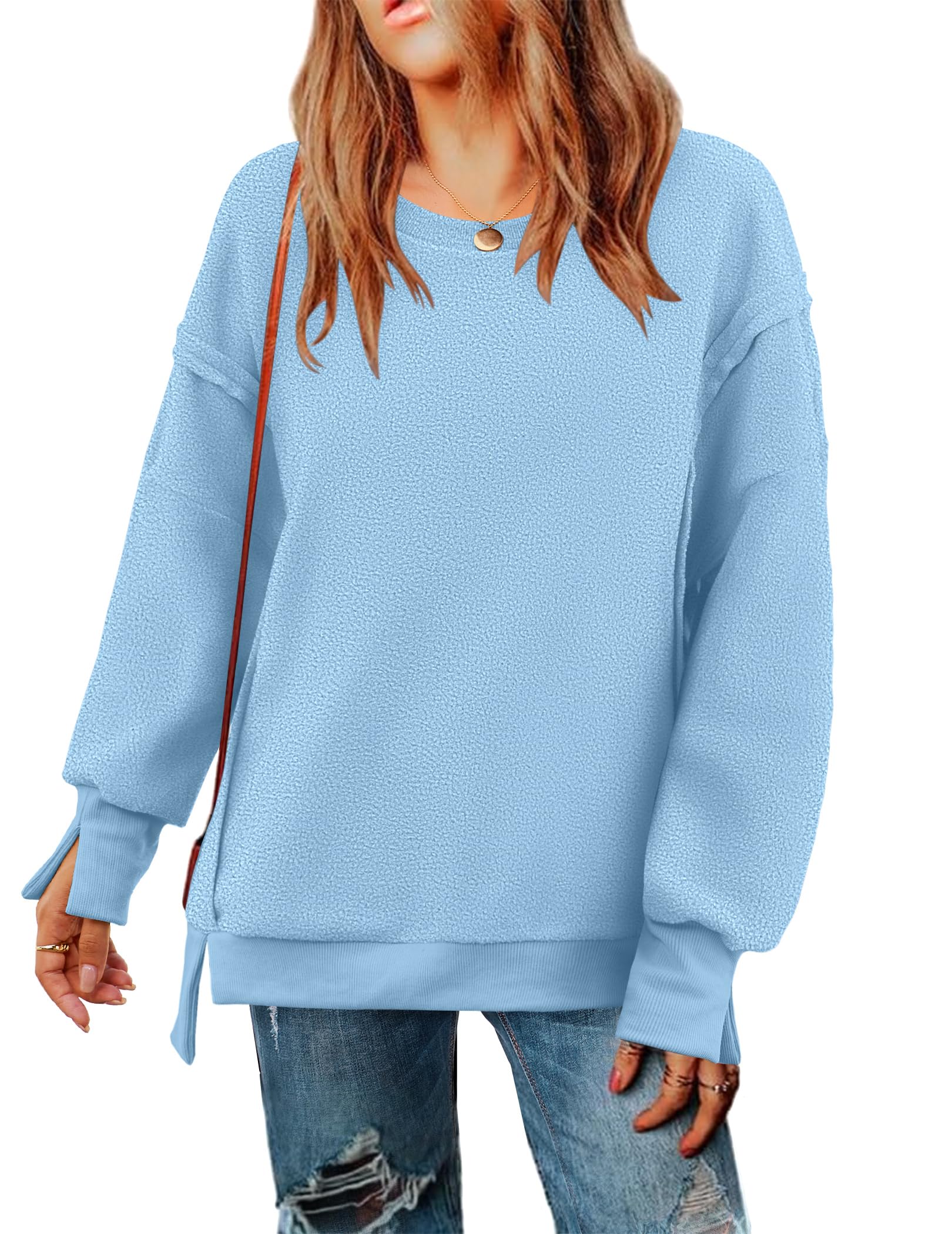 Zeagoo Womens Fleece Jackets Long Sleeve Pullover Crewneck Sweatshirts Casual Plain Oversized Cute Y2k Sweatshirt With Reverse Seam,Blue,Xx-Large