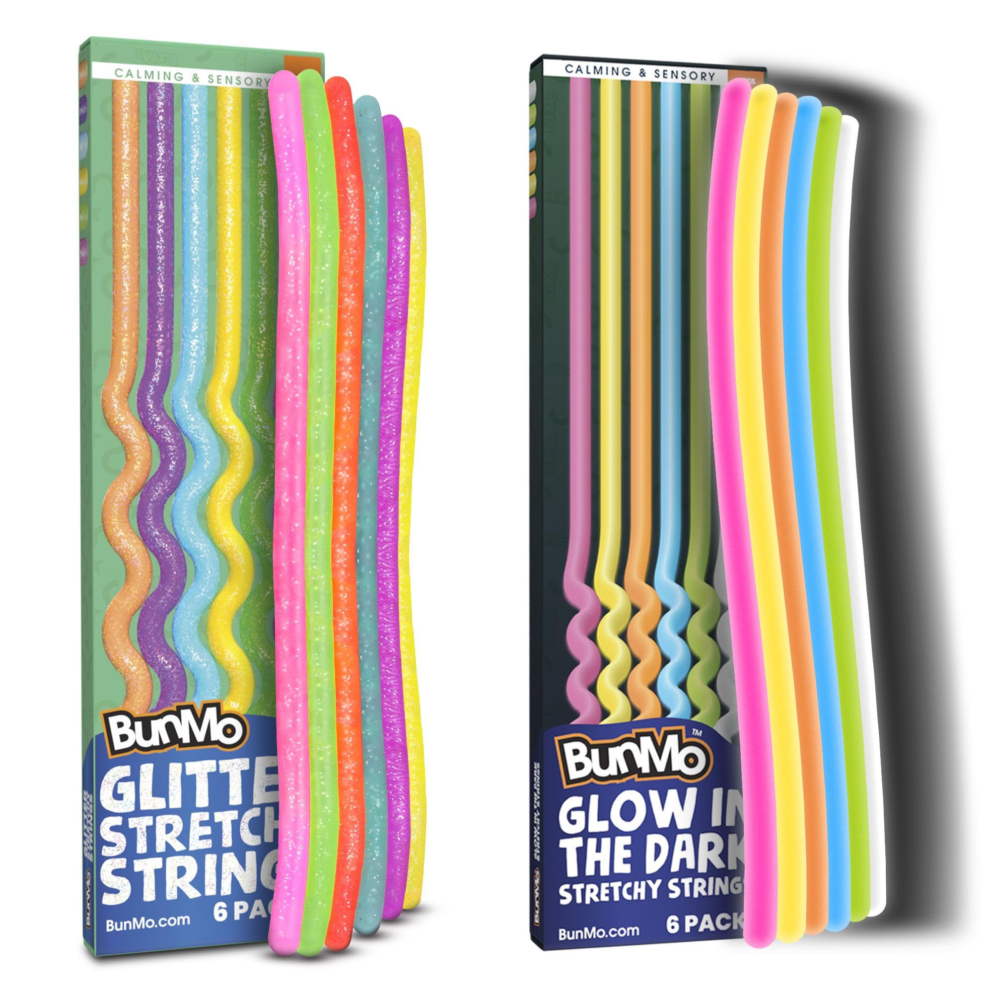 BunMo Bundles: Glow in The Dark & Glitter Stretchy Strings - Perfect Sensory Toys - Calming Sensory Toy - Fun Monkey Stretch Noodles - Stimulating & Soothing Fidget Toy