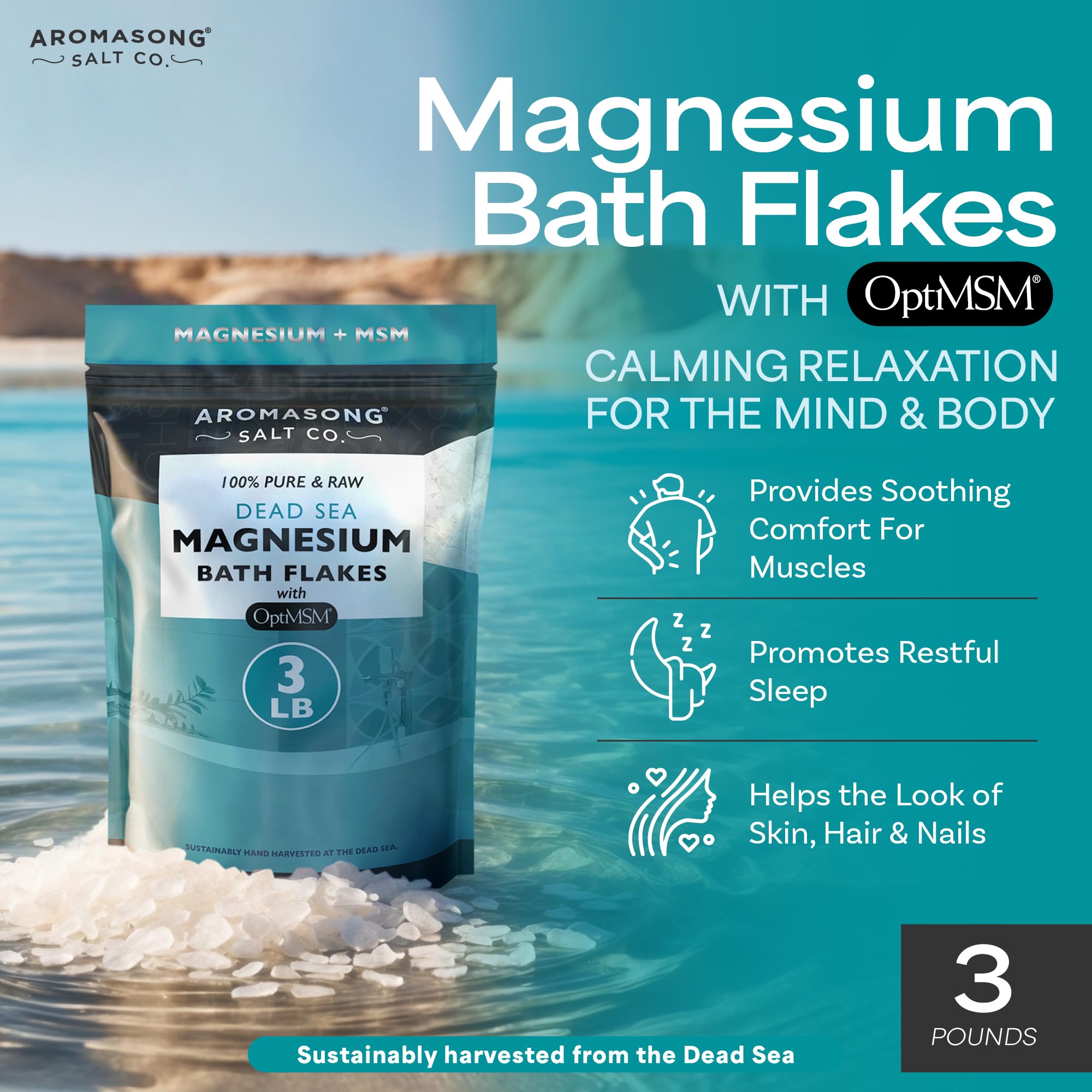 Aromasong RAW Magnesium Flakes + OptiMSM for Soaking 3 LB Resealable Pack - Muscle Relaxing Organic Bath Salts Magnesium Chloride Flakes, Mineral Soak.