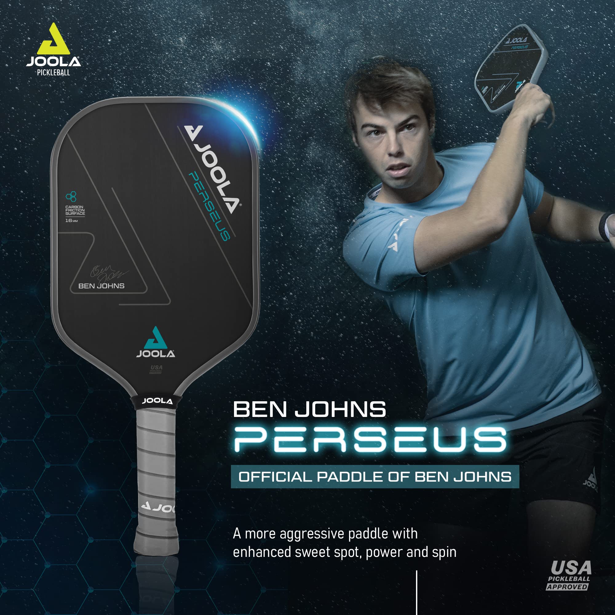 JOOLA Ben Johns Perseus Pickleball Paddle with 1 Replacement Grip - Charged Surface Technology for Increased Power & Feel - Fully Encased Carbon Fiber Pickleball Paddle with Larger Sweet Spot