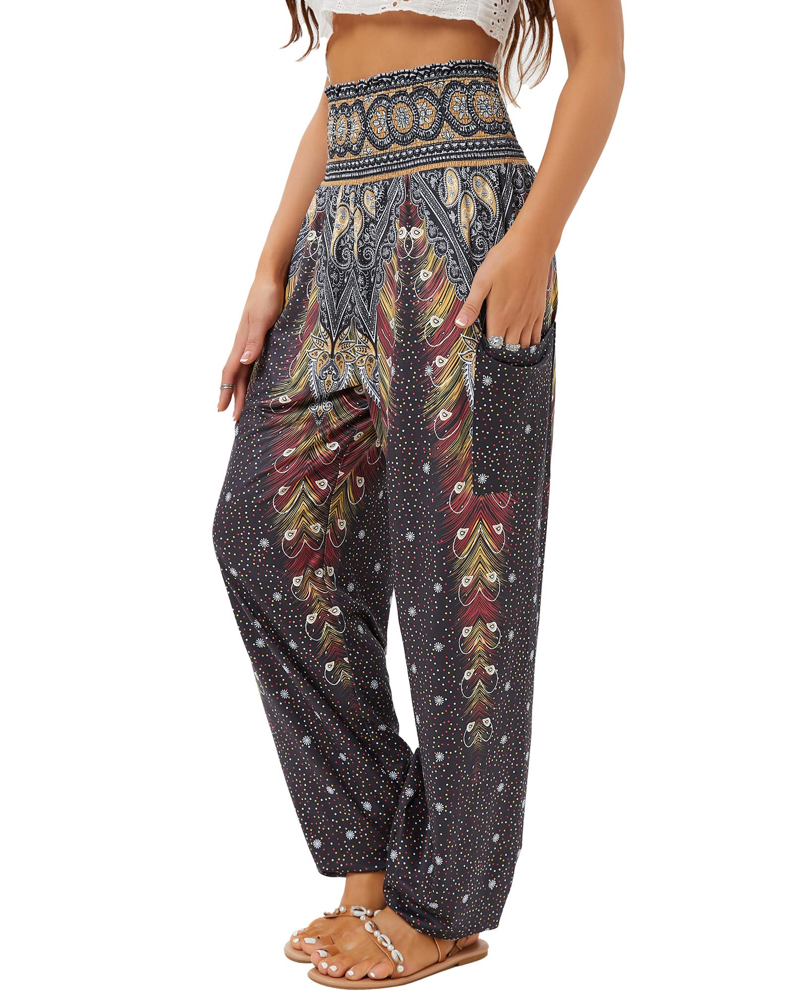 QIANXIZHAN Women's Harem Pants, High Waist Yoga Boho Trousers with Pockets Black Flower S