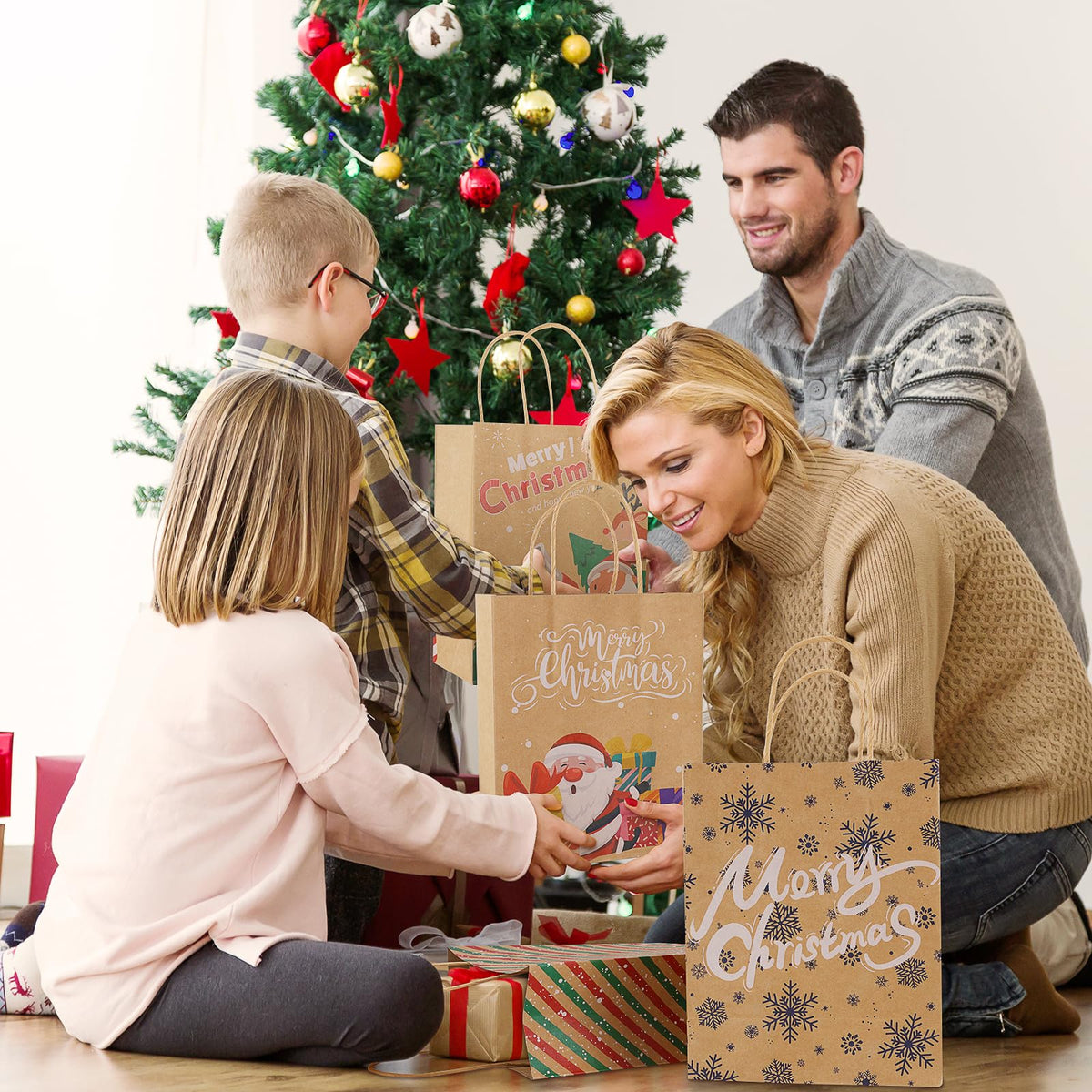 TranquilBliss 12 Unique Christmas Kraft Paper Gift Bags, Durable Handles & Non-Breaking Bottoms, Ideal for Holidays, Birthdays & Parties (24 PCS)