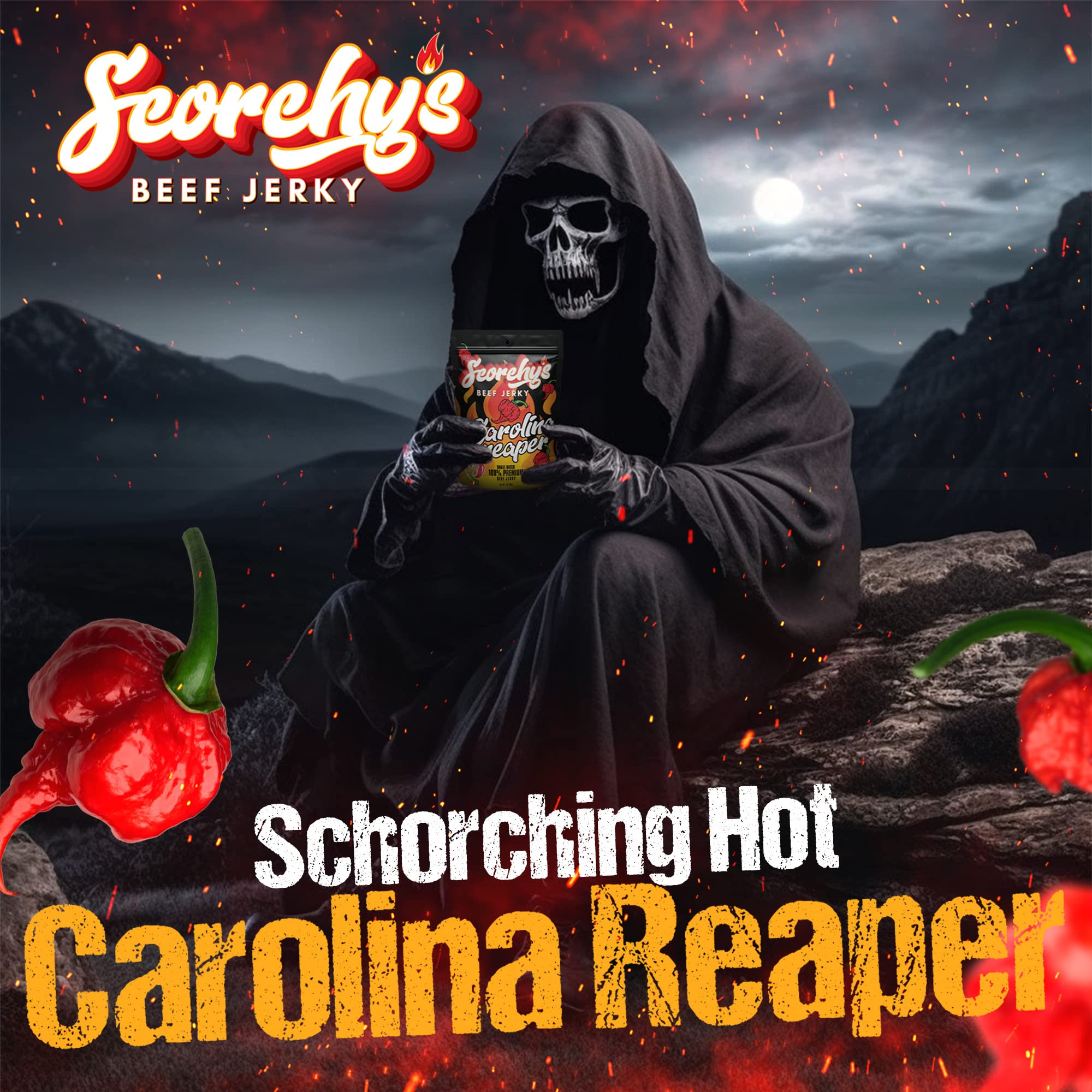 Scorchy's Jerky - Carolina Reaper Beef Jerky - Hand-Crafted Small Batch Jerky - Spicy High Protein Snack | Low Calorie and Low Fat - 30z - 1 pack