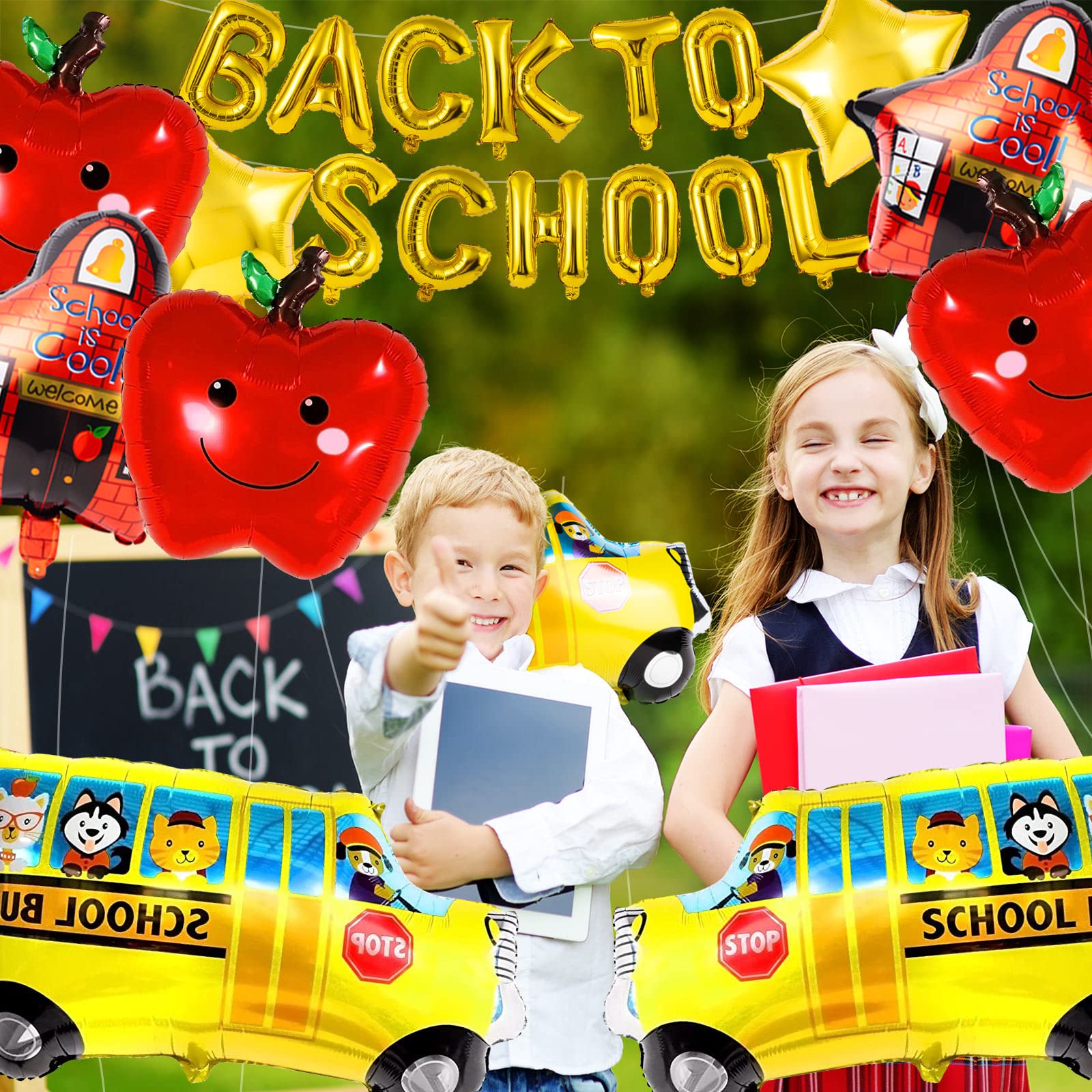 20Pcs Back to School Balloon, Welcome School Bus Foil Balloons, Happy Apple Helium Mylar Balloons Bulk for School Party Decorations