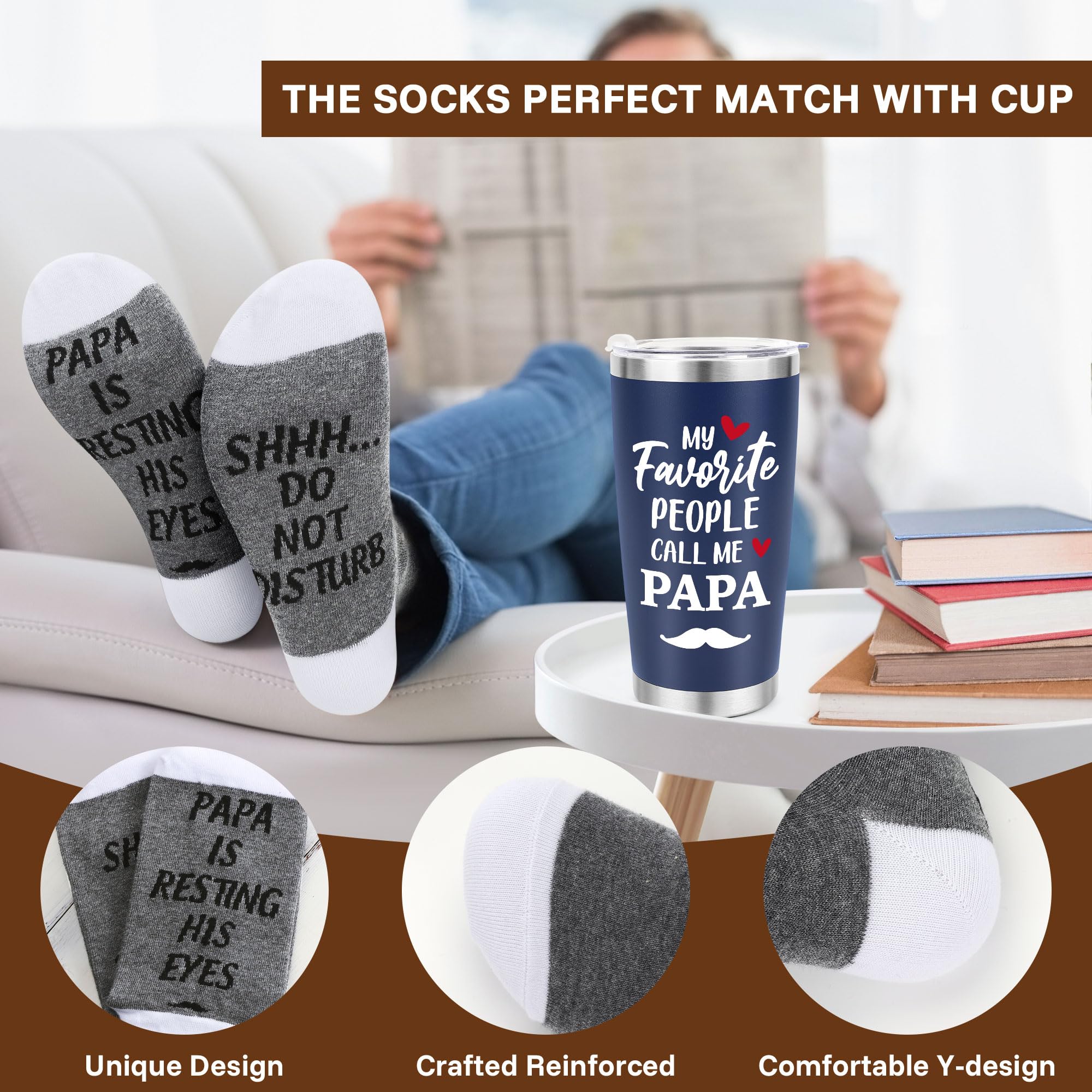 Papa Tumbler Cup Gifts for Grandpa Christmas Gifts from Grandkids, Papa Gifts from Granddaughter Grandson, First Time Grandpa Gifts, Granddad Grandfather Papa Birthday Gift, 20oz Dark Blue Cup & Socks